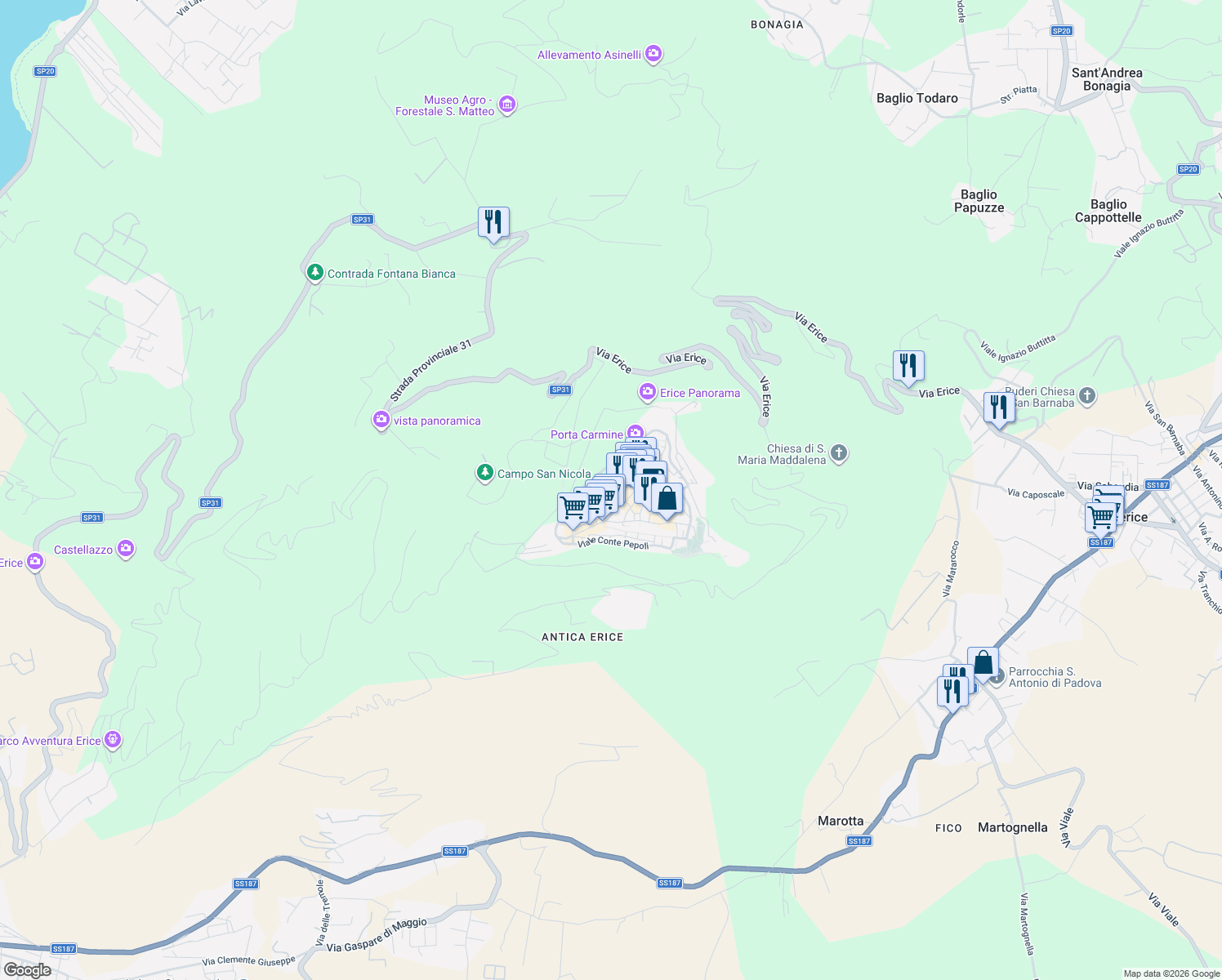 map of restaurants, bars, coffee shops, grocery stores, and more near 27 Via Luigi Rabatà in Erice