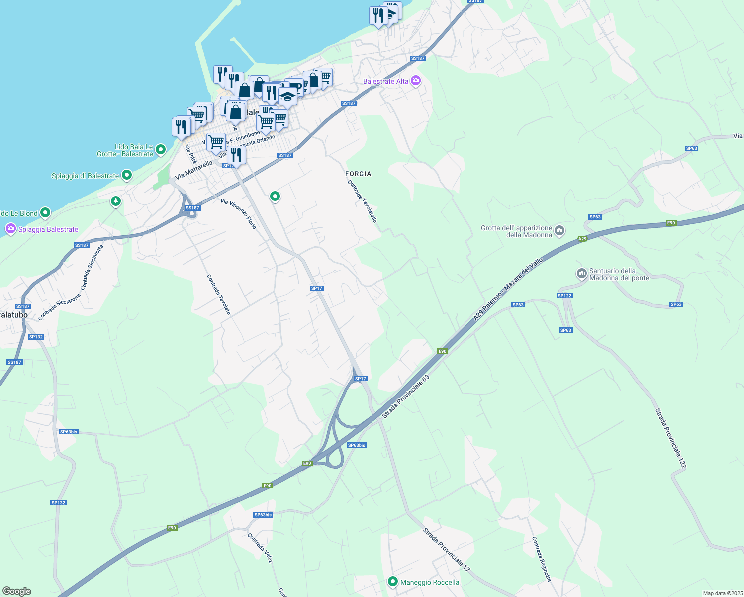 map of restaurants, bars, coffee shops, grocery stores, and more near Contrada Giudeo in Provincia di Palermo
