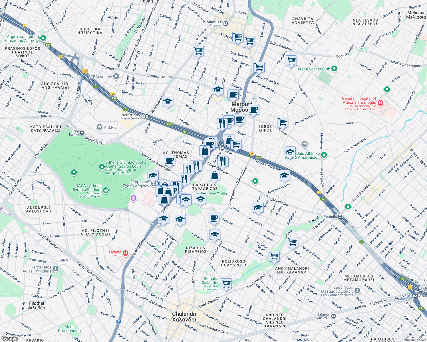 map of restaurants, bars, coffee shops, grocery stores, and more near in Athina