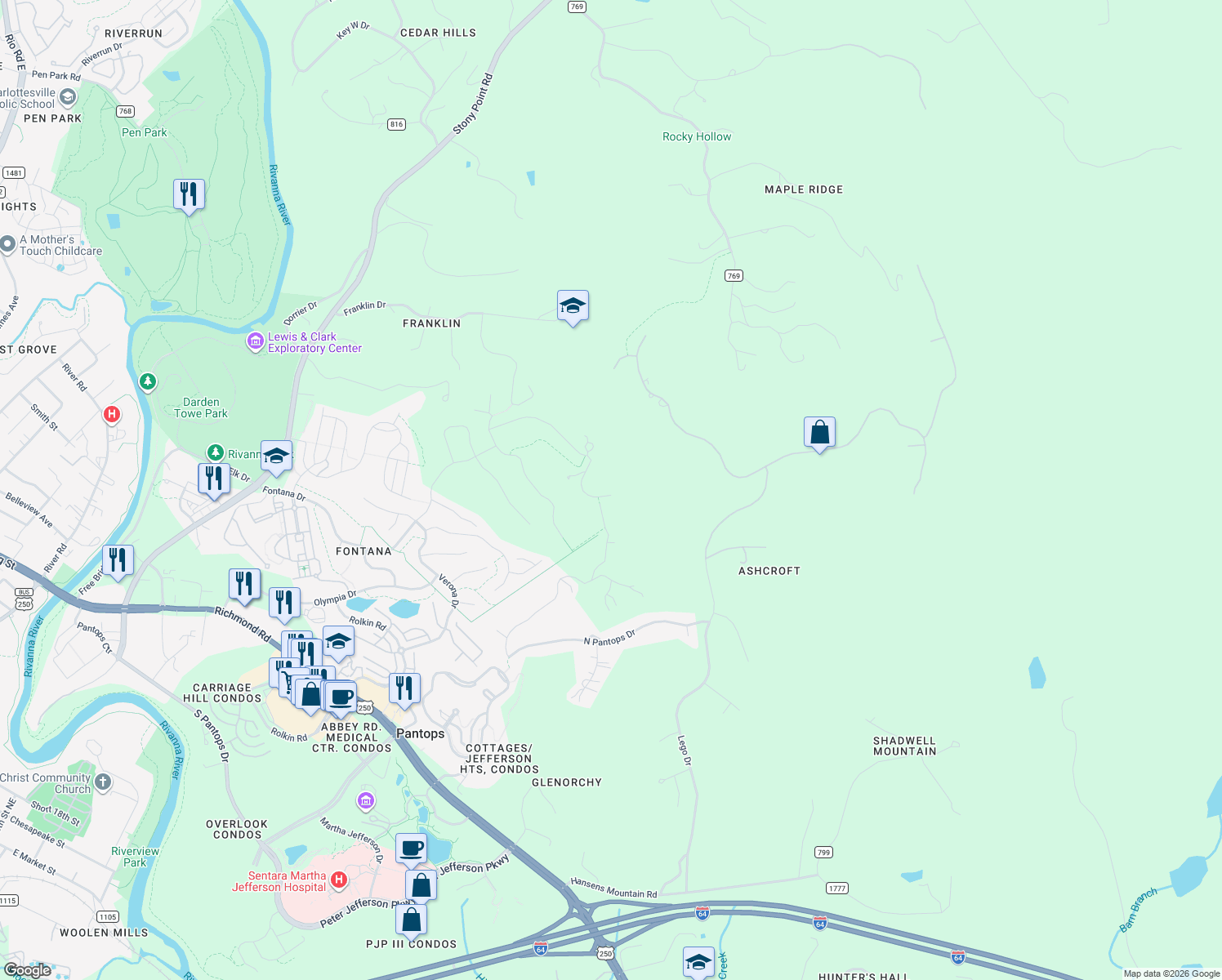 map of restaurants, bars, coffee shops, grocery stores, and more near 2000 Tremont Road in Charlottesville