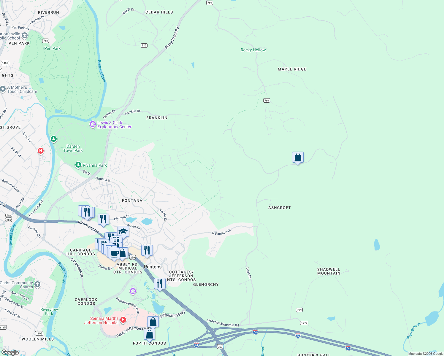 map of restaurants, bars, coffee shops, grocery stores, and more near 2000 Tremont Road in Charlottesville