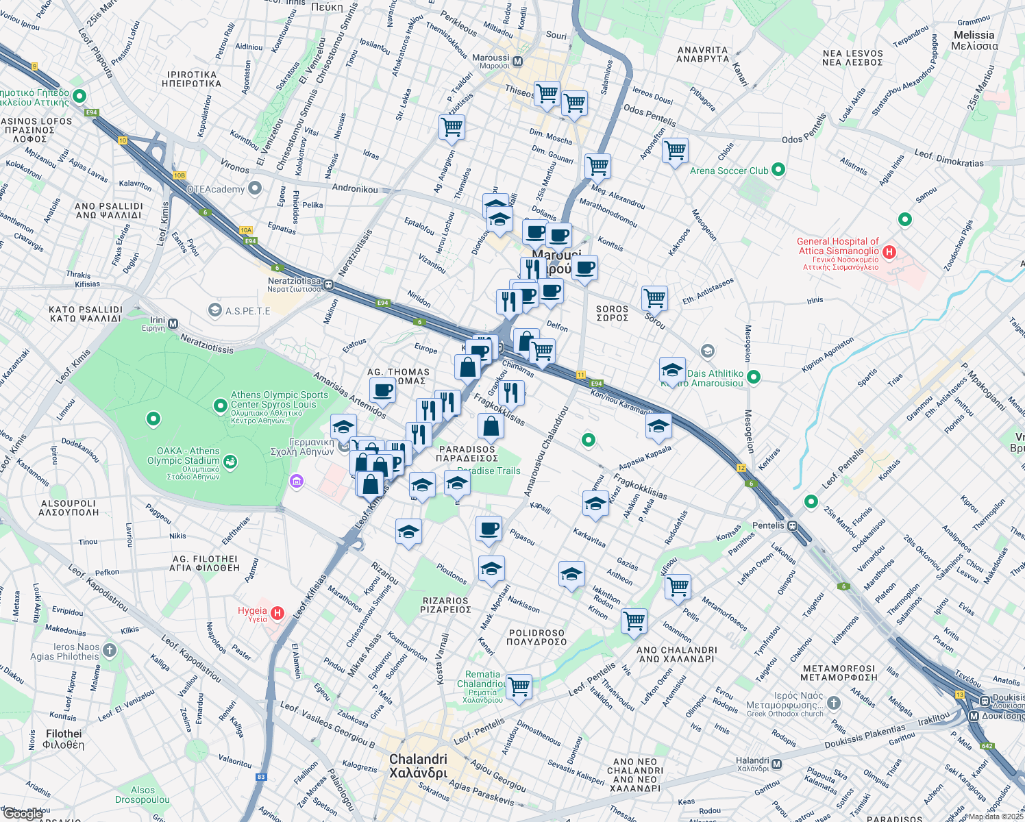 map of restaurants, bars, coffee shops, grocery stores, and more near in Marousi