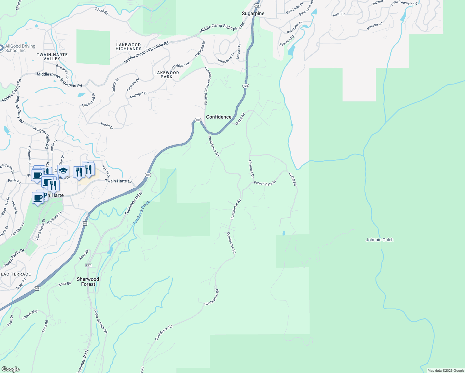 map of restaurants, bars, coffee shops, grocery stores, and more near 23000-23085 Confidence Road in Twain Harte