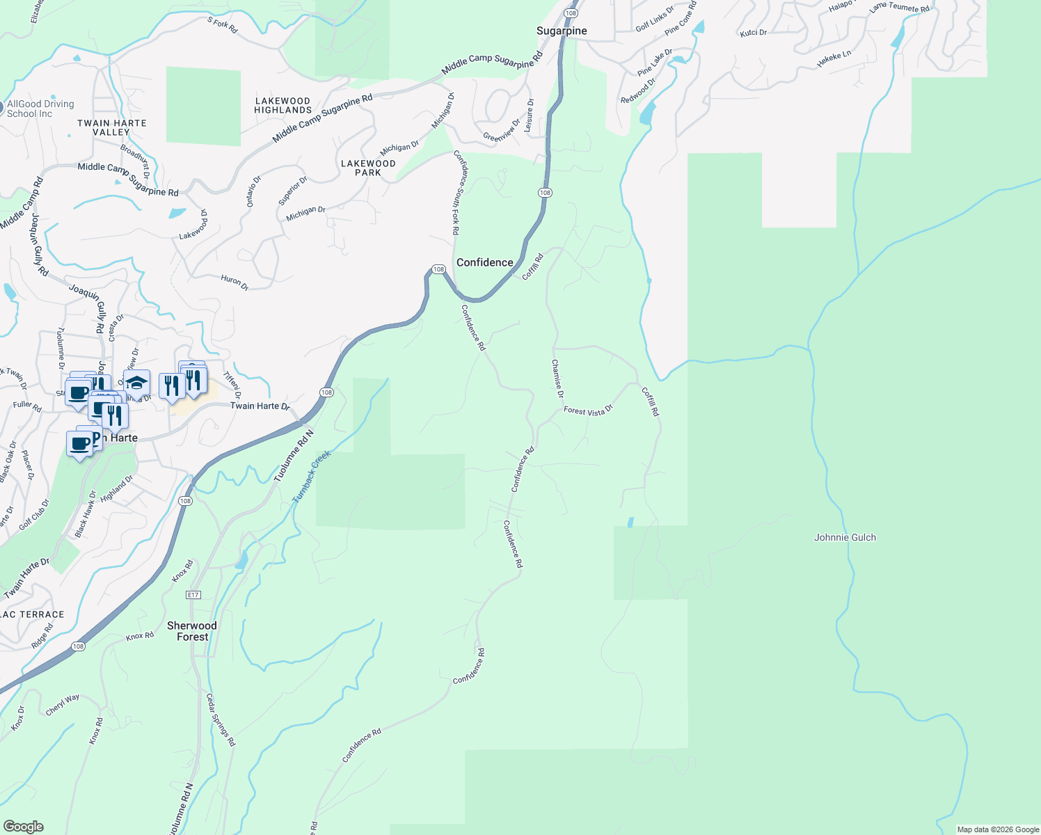 map of restaurants, bars, coffee shops, grocery stores, and more near 23000 Confidence Road in Twain Harte