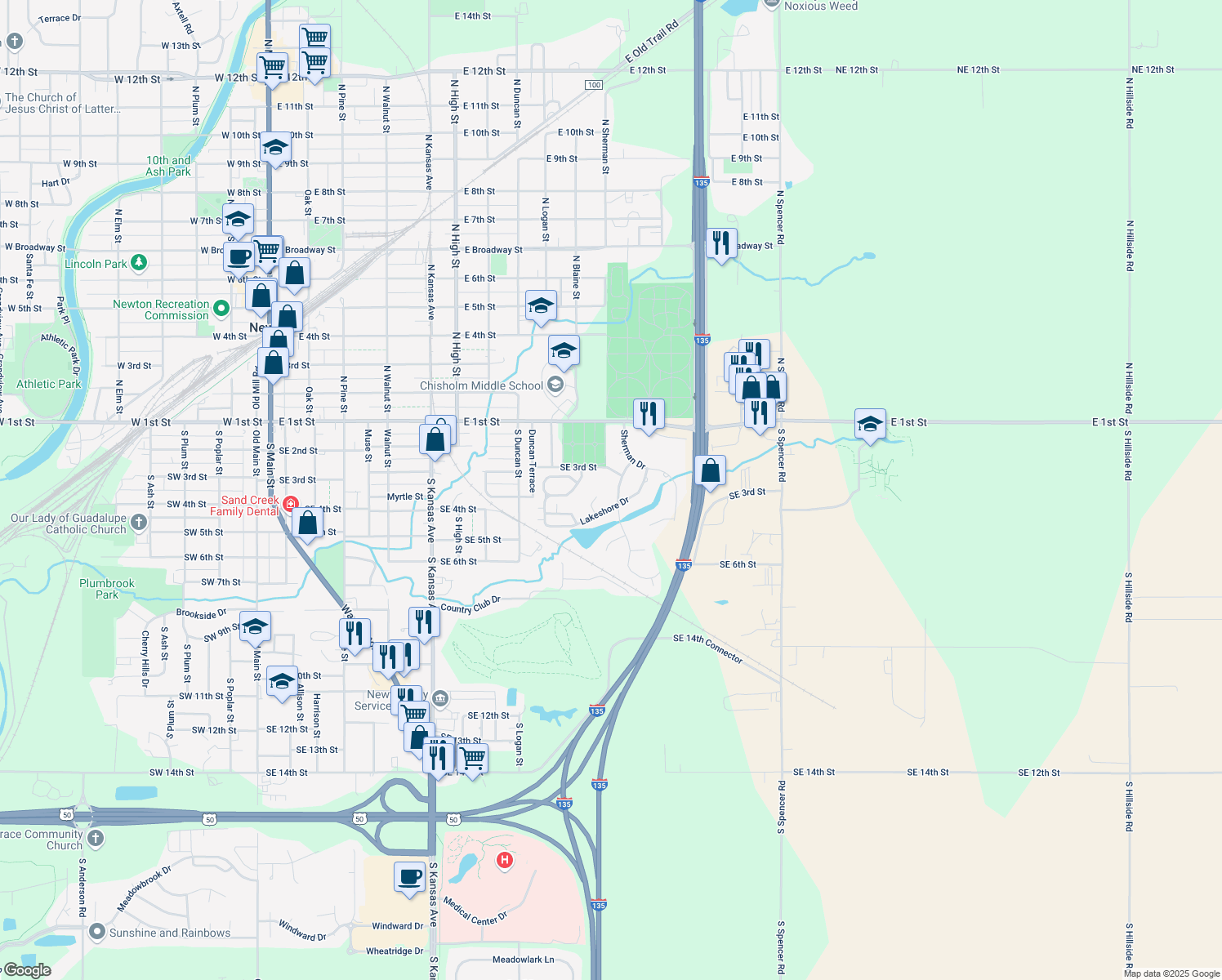 map of restaurants, bars, coffee shops, grocery stores, and more near 409 Rolling Hills Drive in Newton