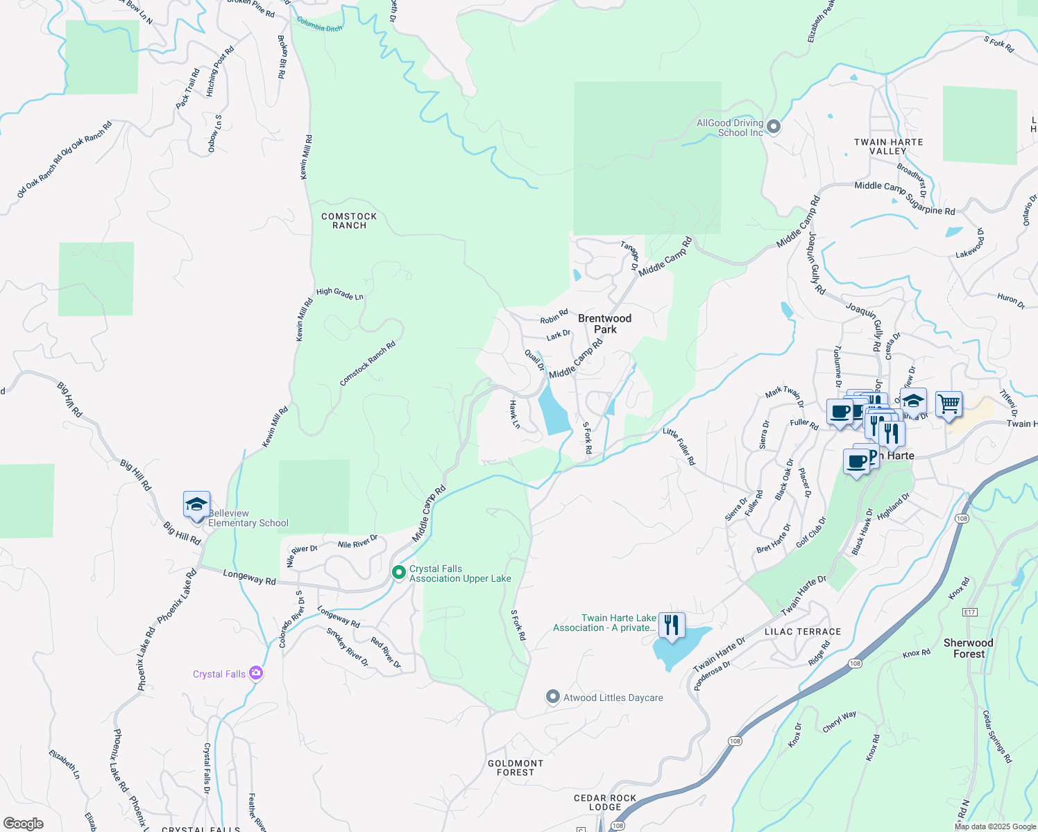 map of restaurants, bars, coffee shops, grocery stores, and more near 23005 Hawk Lane in Twain Harte