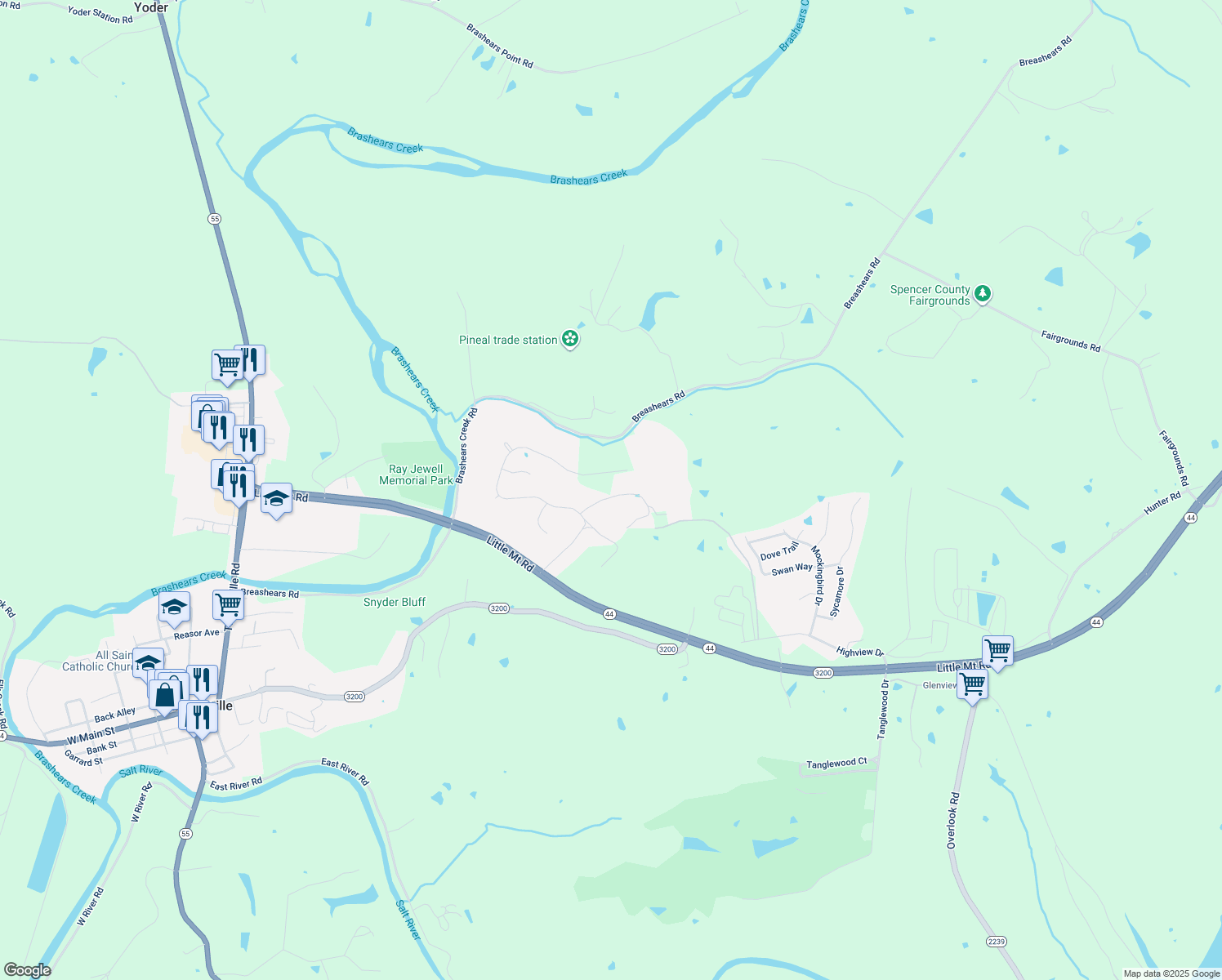 map of restaurants, bars, coffee shops, grocery stores, and more near 54 Inglenook Drive in Taylorsville