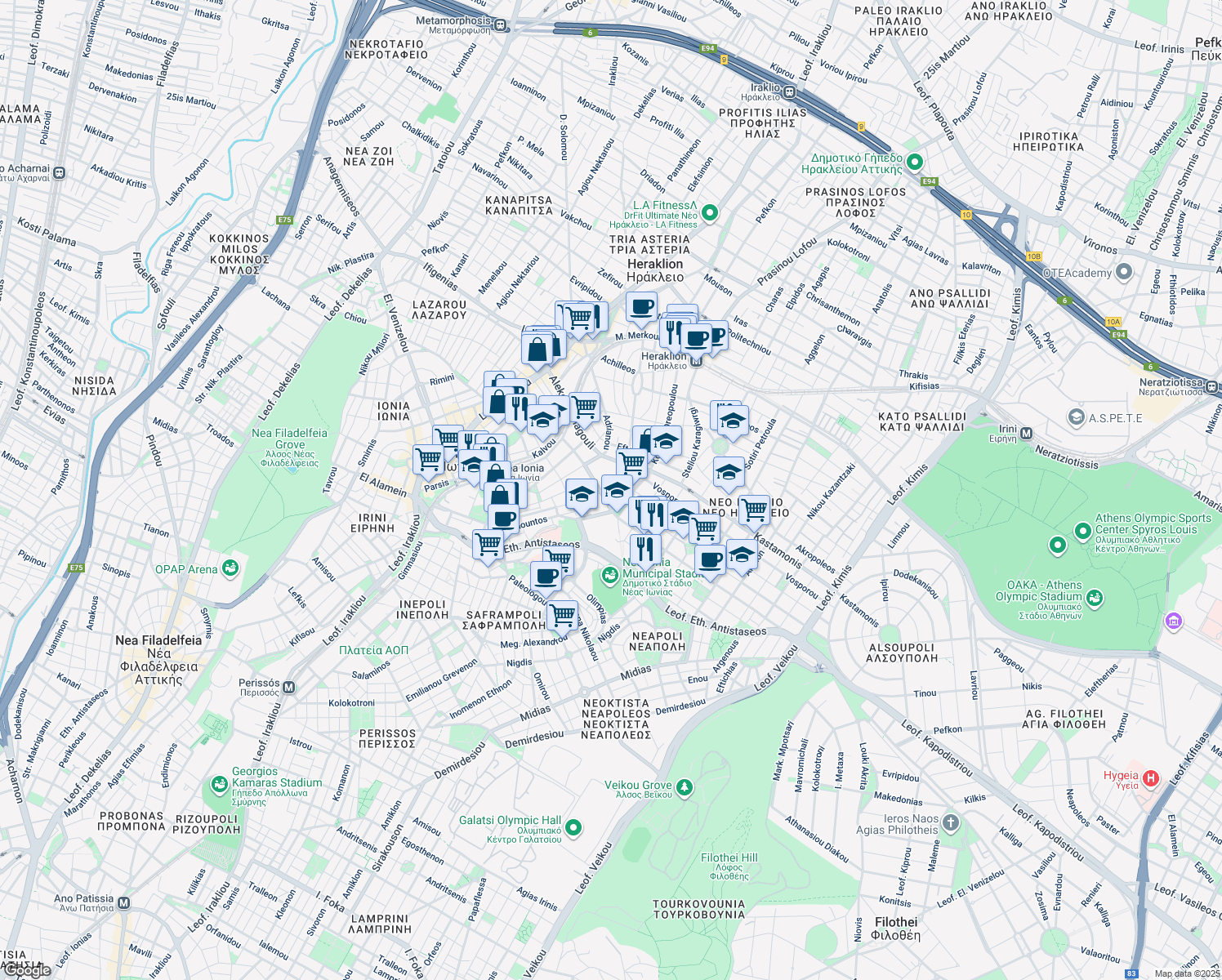 map of restaurants, bars, coffee shops, grocery stores, and more near in Nea Ionia