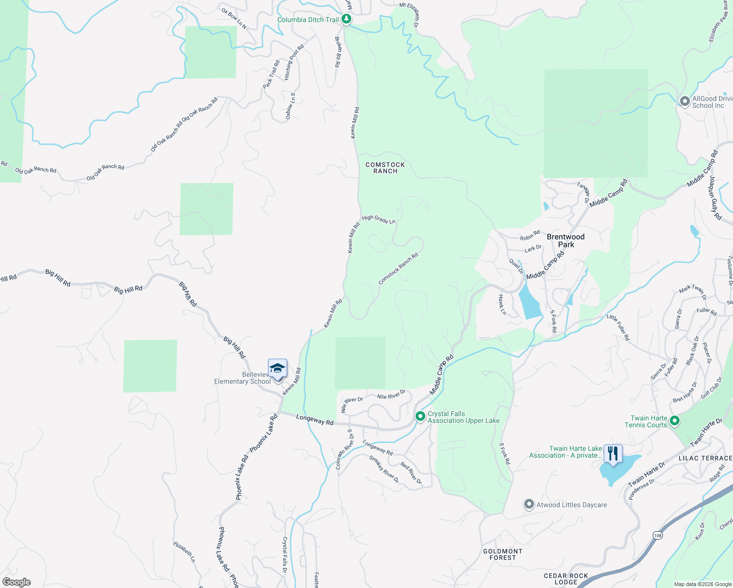 map of restaurants, bars, coffee shops, grocery stores, and more near 22001-23351 Mine Shaft Court in Sonora