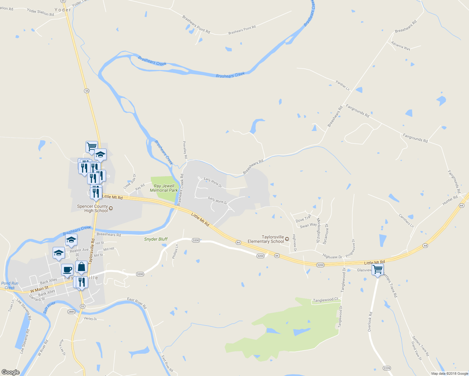 map of restaurants, bars, coffee shops, grocery stores, and more near 845 Early Wyne Drive in Taylorsville