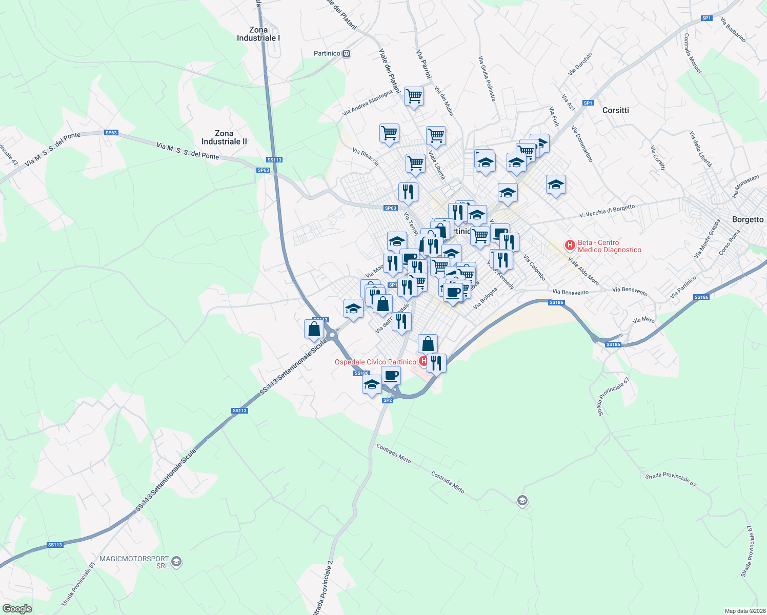 map of restaurants, bars, coffee shops, grocery stores, and more near 28 Via Foscolo in Partinico