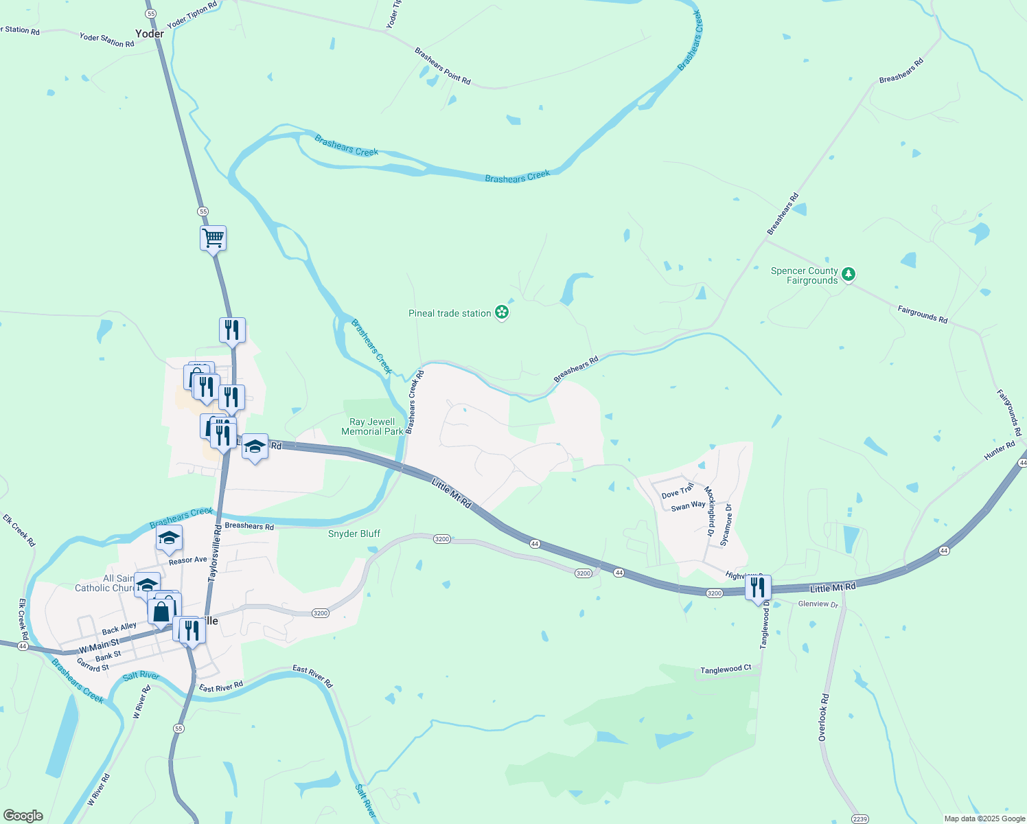 map of restaurants, bars, coffee shops, grocery stores, and more near 845 Early Wyne Drive in Taylorsville