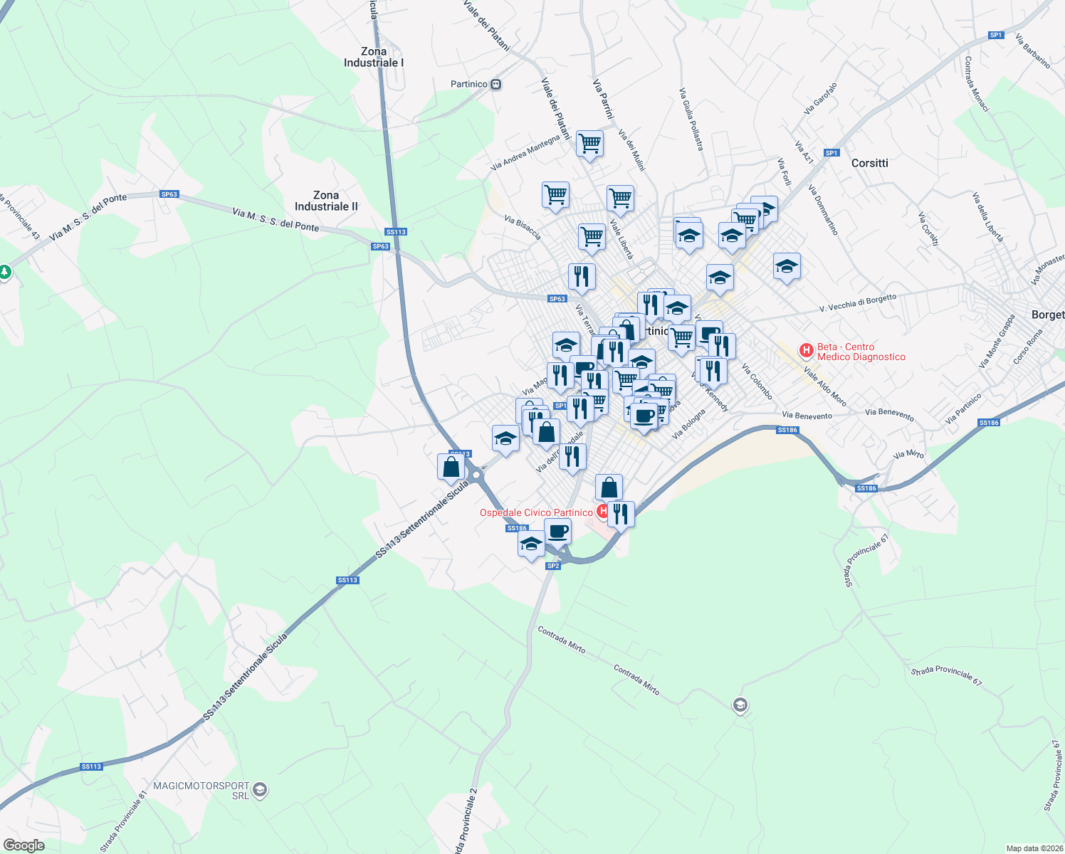 map of restaurants, bars, coffee shops, grocery stores, and more near 28 Via Ugo Foscolo in Partinico