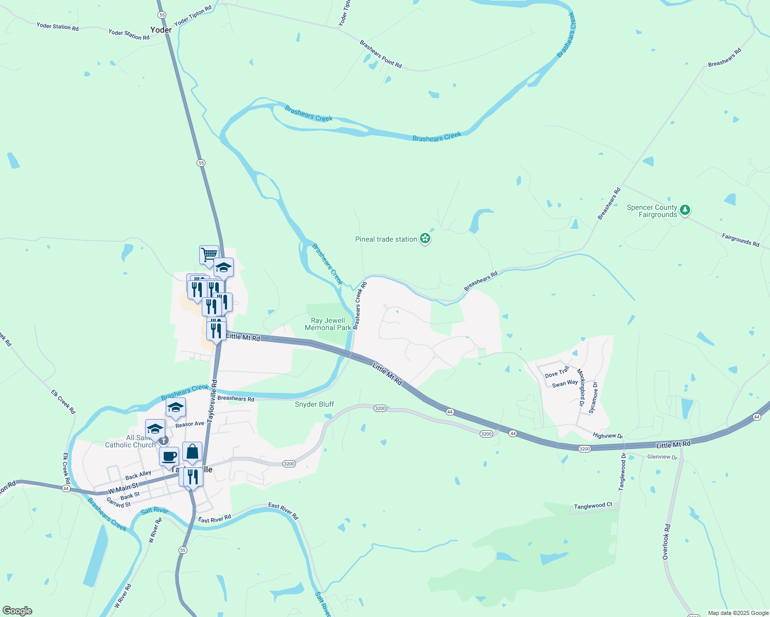 map of restaurants, bars, coffee shops, grocery stores, and more near 28 Plantation Court in Taylorsville