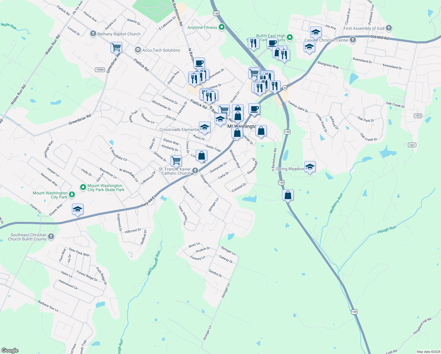 map of restaurants, bars, coffee shops, grocery stores, and more near 205 Carla Drive in Mount Washington