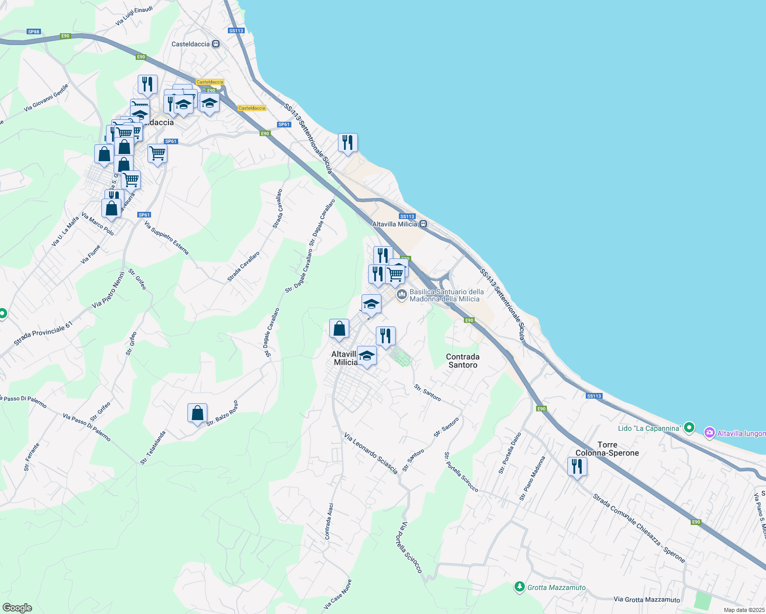 map of restaurants, bars, coffee shops, grocery stores, and more near 34 Via Anime Sante in Altavilla Milicia