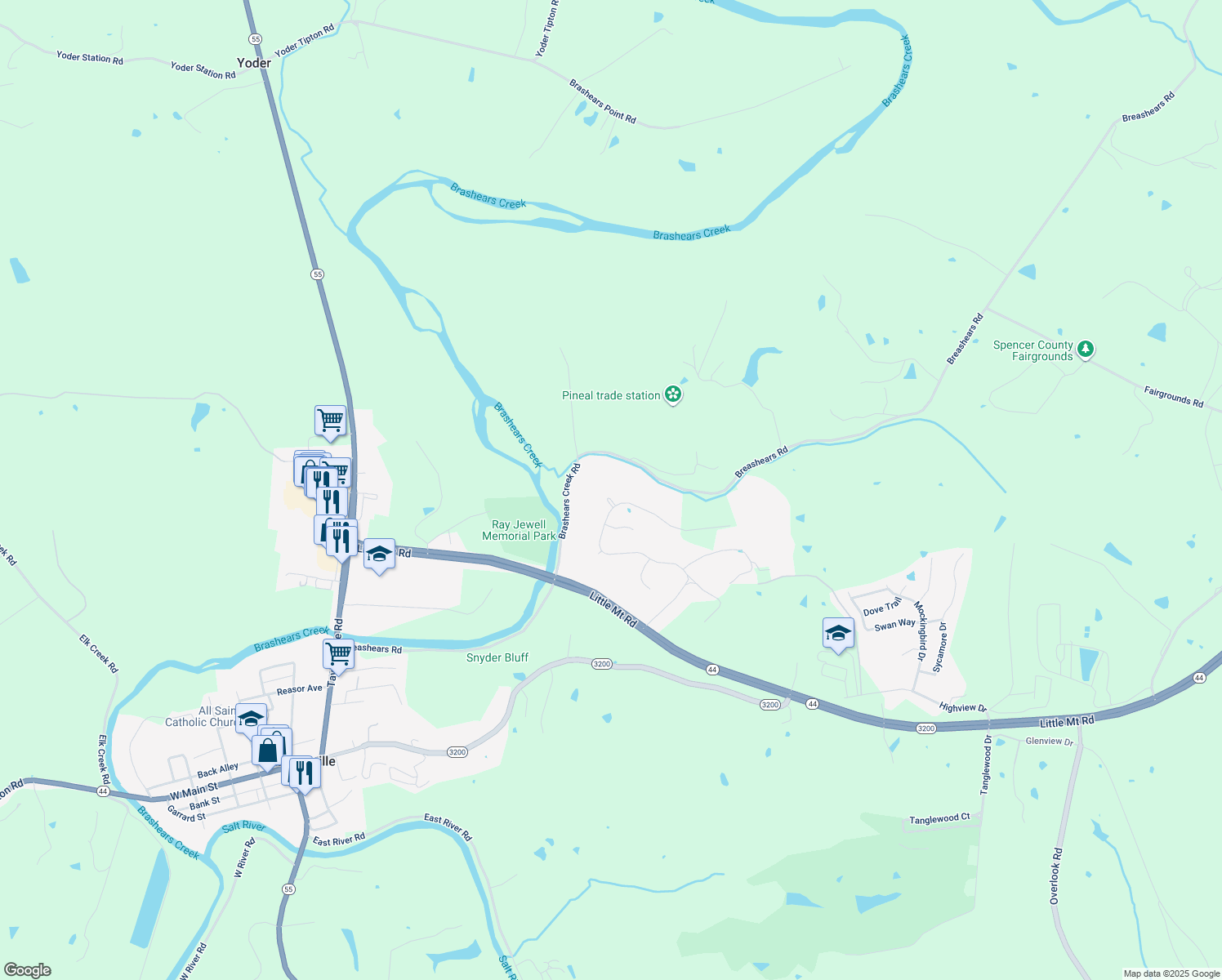 map of restaurants, bars, coffee shops, grocery stores, and more near 28 Plantation Court in Taylorsville