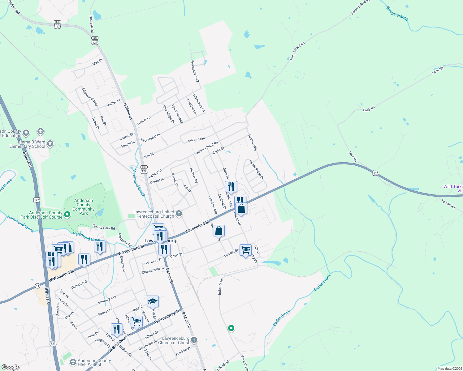 map of restaurants, bars, coffee shops, grocery stores, and more near 118 Dove Drive in Lawrenceburg