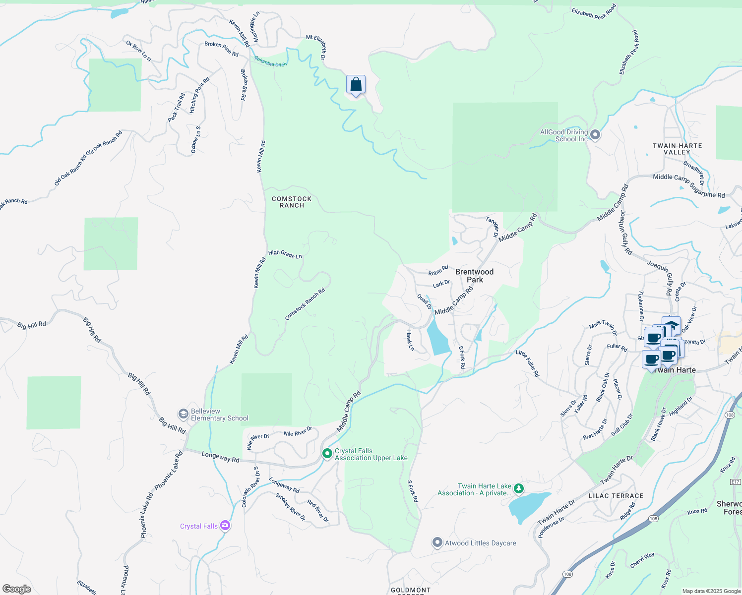 map of restaurants, bars, coffee shops, grocery stores, and more near 17595 Brentwood Lane in Twain Harte