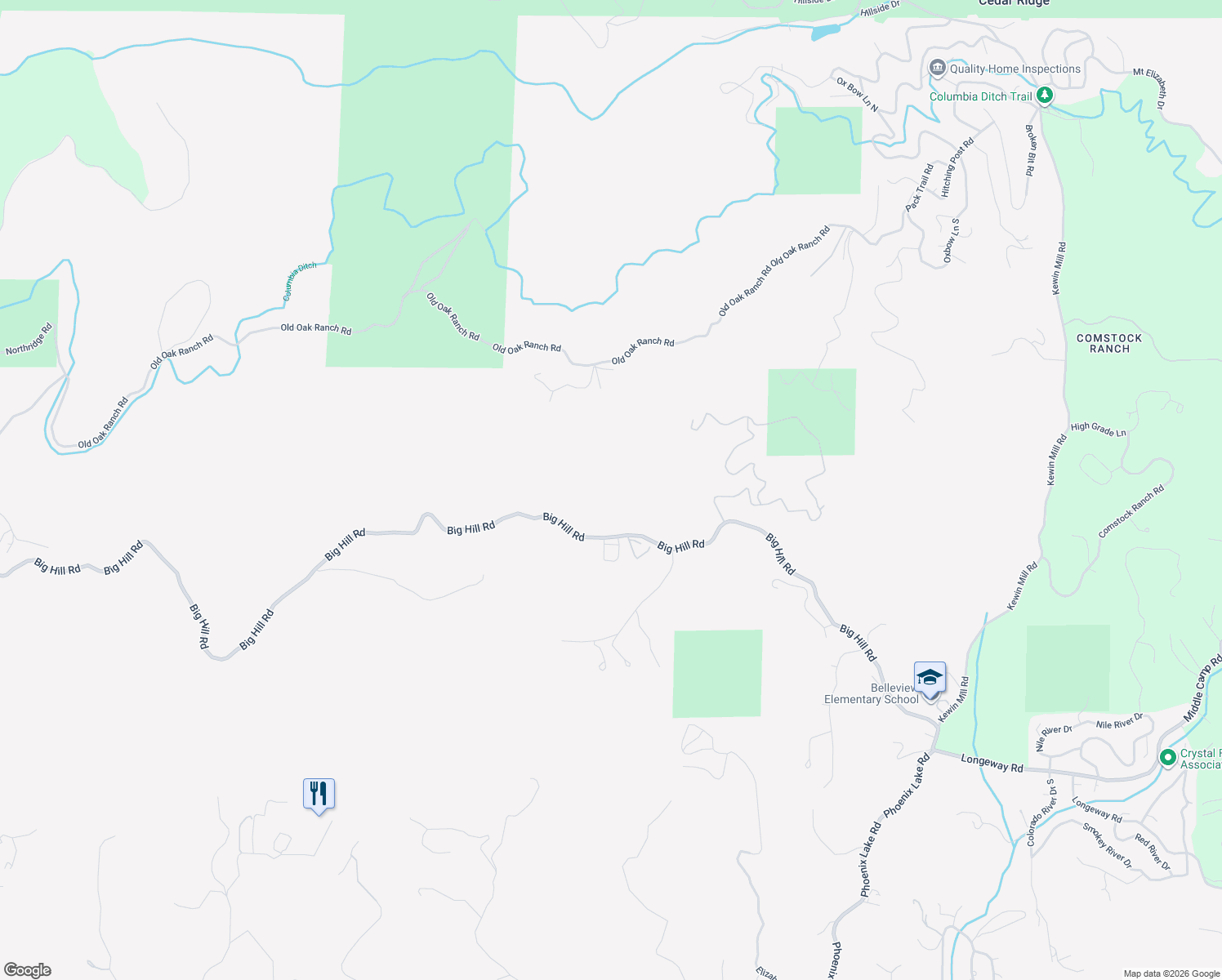 map of restaurants, bars, coffee shops, grocery stores, and more near 16144 Big Hill Road in Sonora