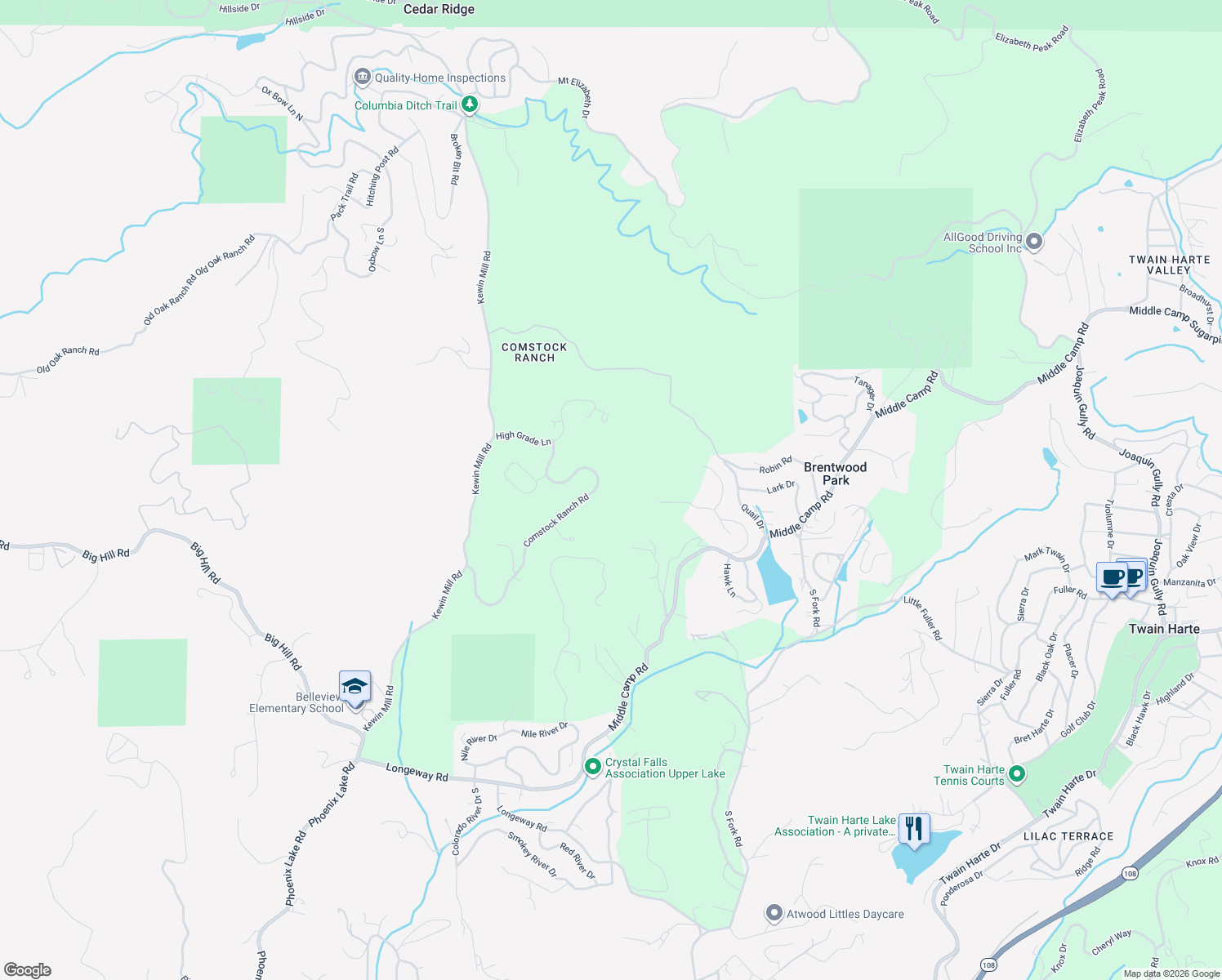 map of restaurants, bars, coffee shops, grocery stores, and more near 23282 Comstock Ranch Road in Sonora