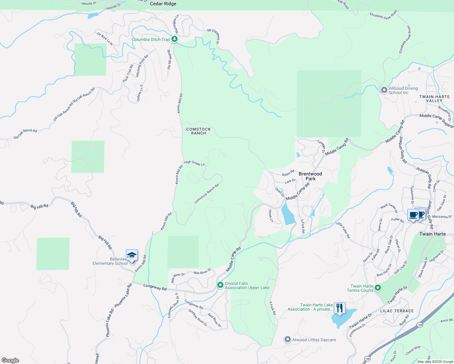 map of restaurants, bars, coffee shops, grocery stores, and more near 23282 Comstock Ranch Road in Sonora