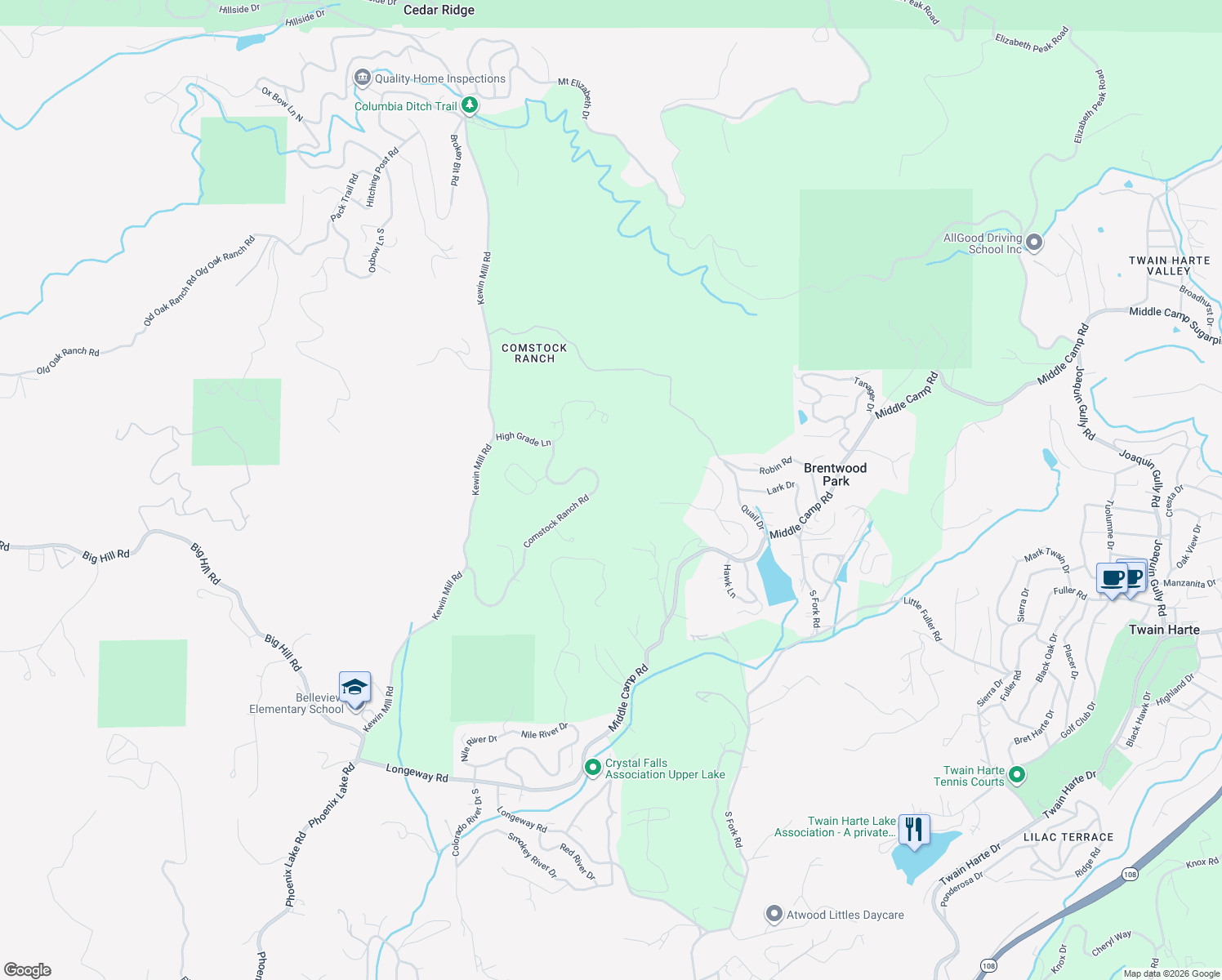 map of restaurants, bars, coffee shops, grocery stores, and more near 23282 Comstock Ranch Road in Sonora
