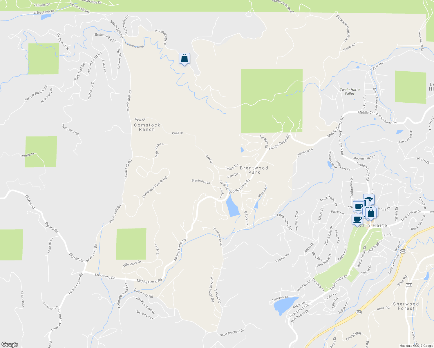 map of restaurants, bars, coffee shops, grocery stores, and more near 23238 Poor Road in Twain Harte