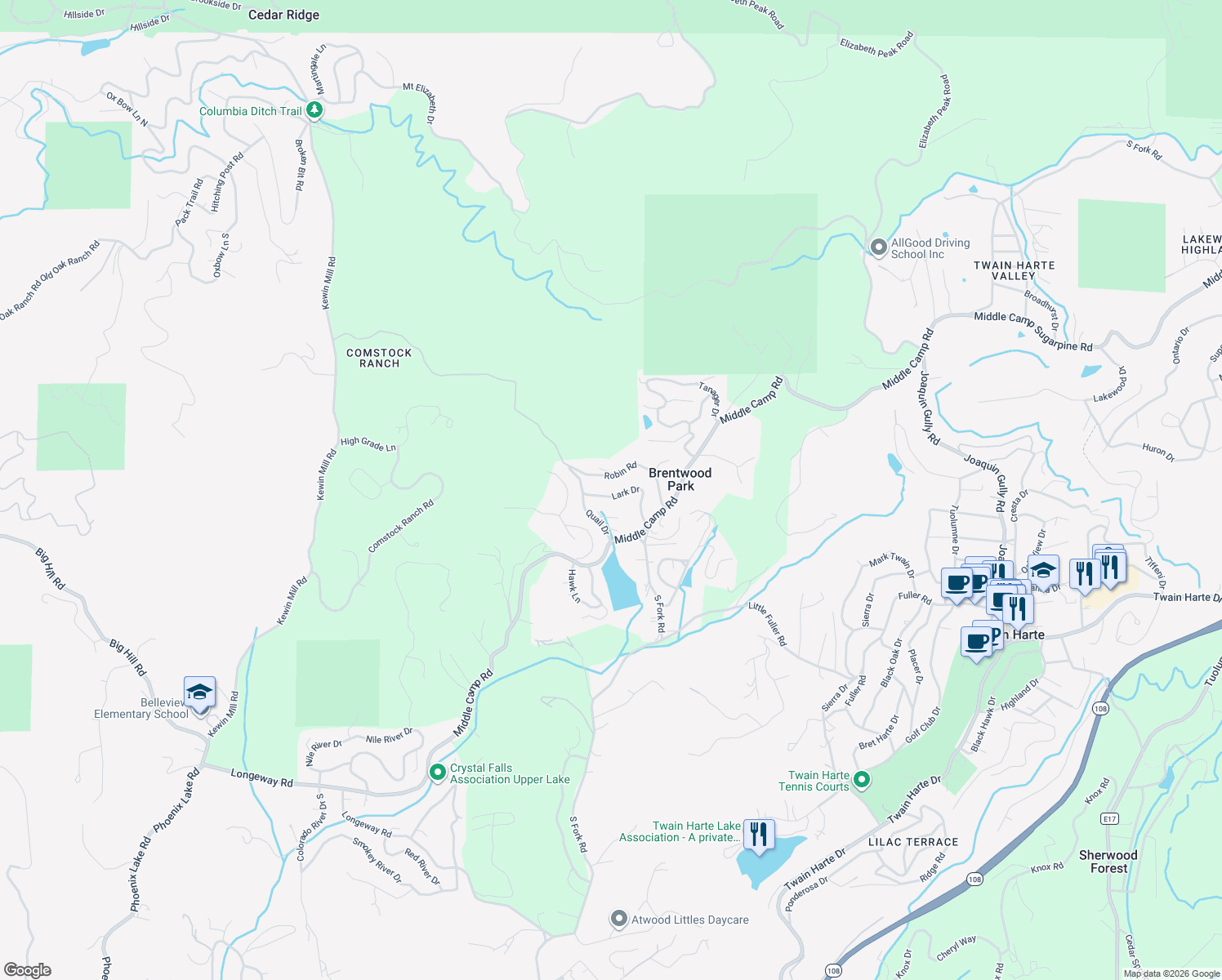 map of restaurants, bars, coffee shops, grocery stores, and more near 17824 Lark Drive in Twain Harte