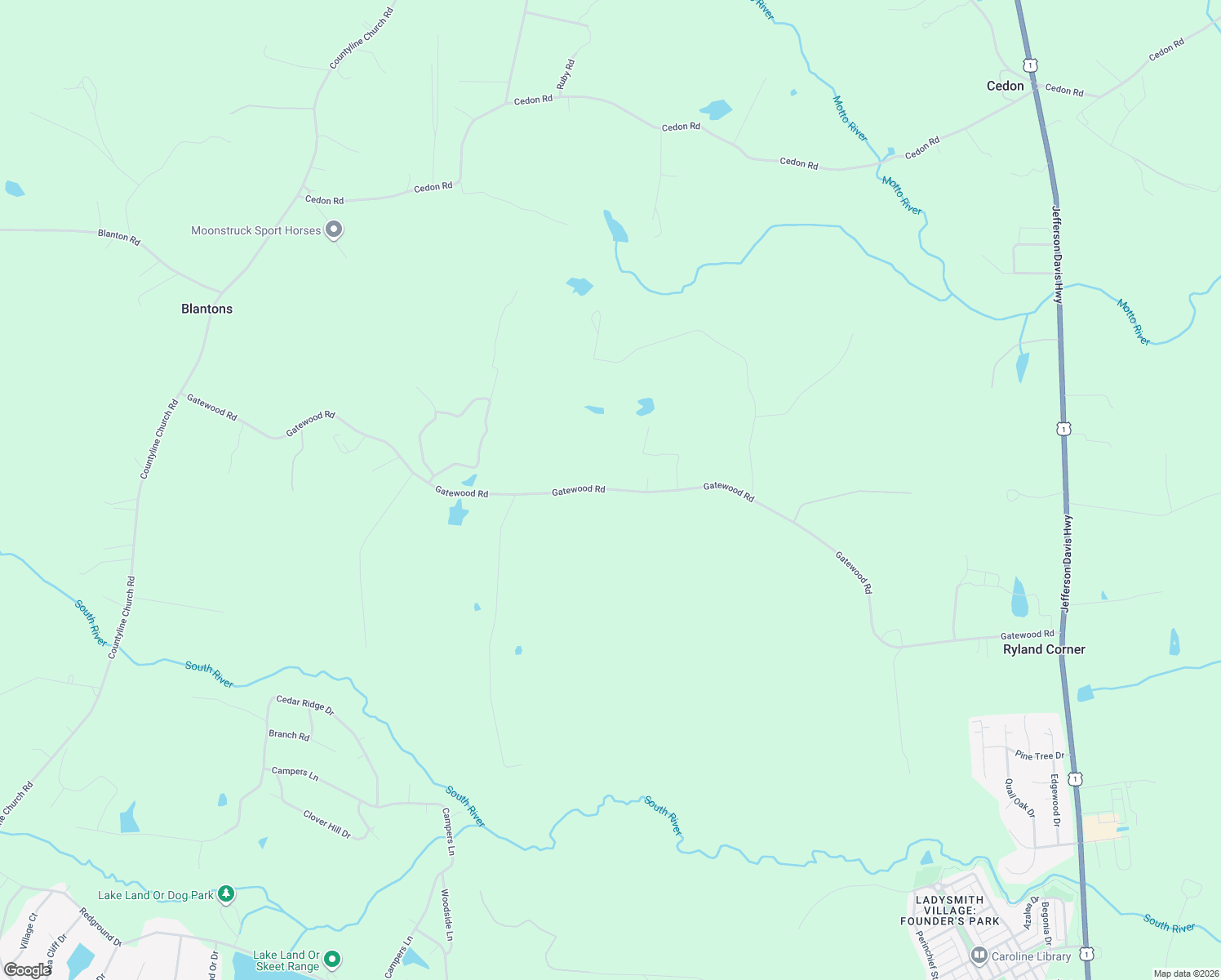 map of restaurants, bars, coffee shops, grocery stores, and more near Gatewood Rd in Caroline