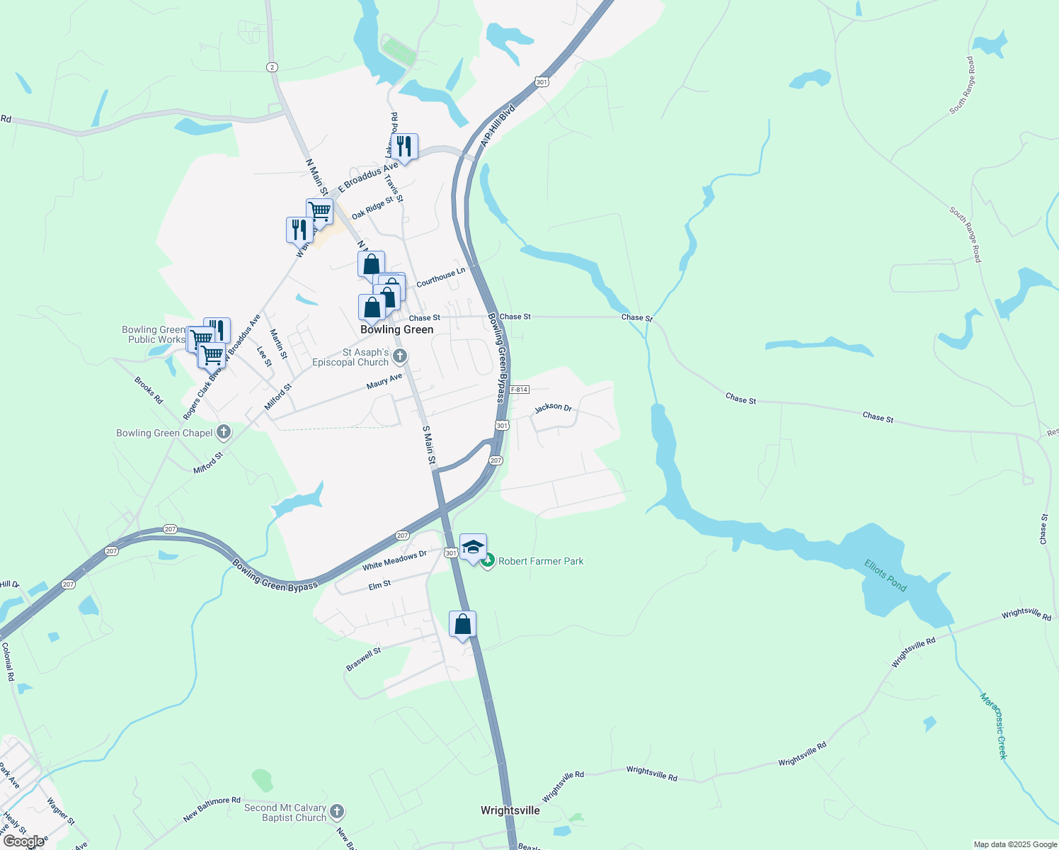 map of restaurants, bars, coffee shops, grocery stores, and more near 16018 Harrison Way in Bowling Green