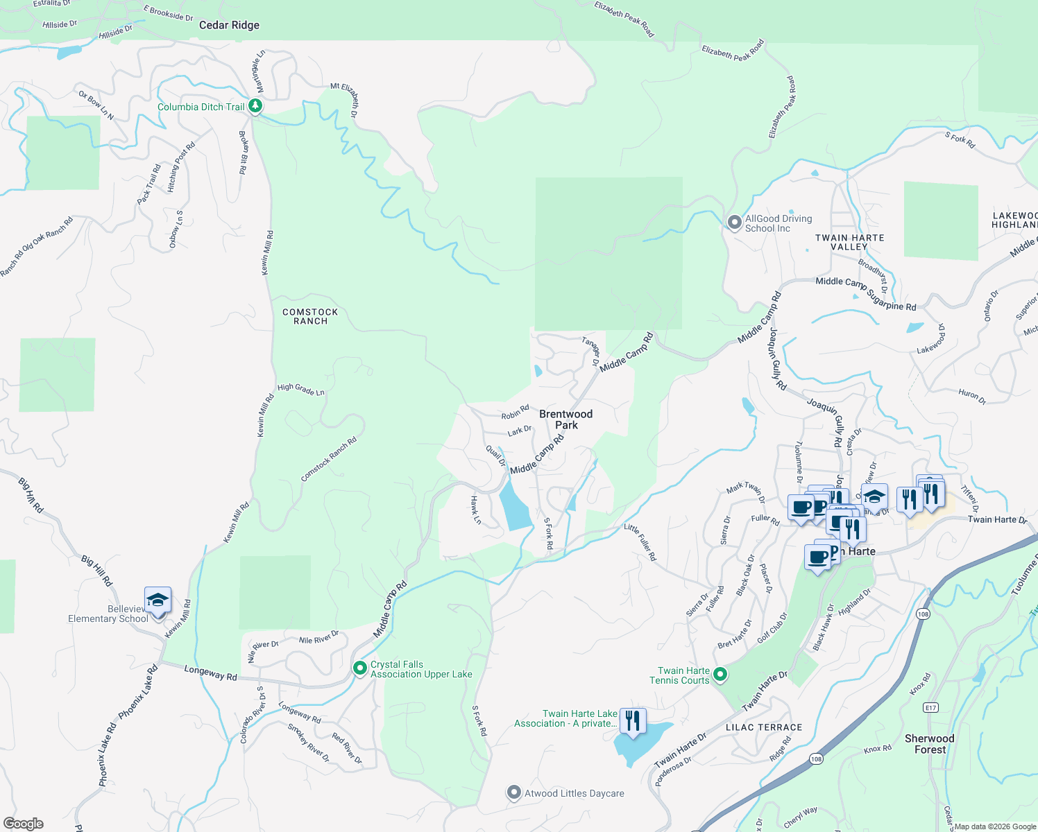 map of restaurants, bars, coffee shops, grocery stores, and more near 17824 Lark Drive in Twain Harte