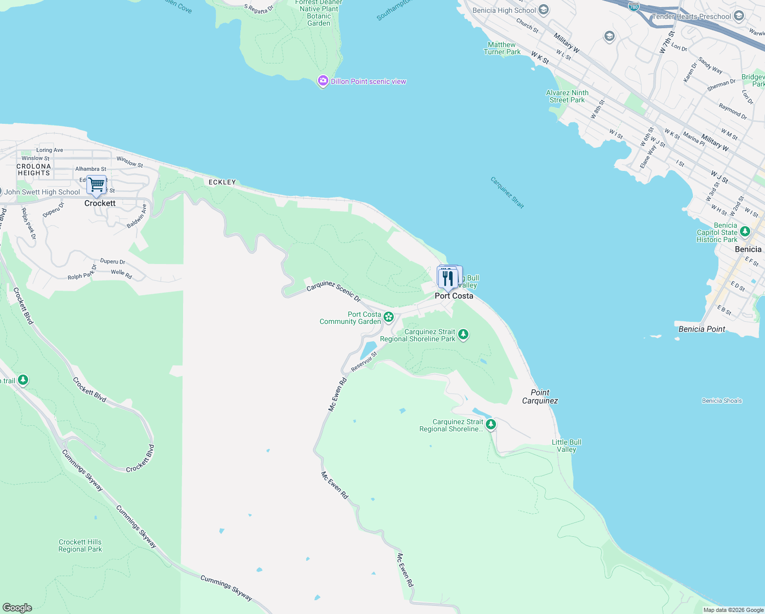 map of restaurants, bars, coffee shops, grocery stores, and more near 136 Canyon Lake Drive in Port Costa