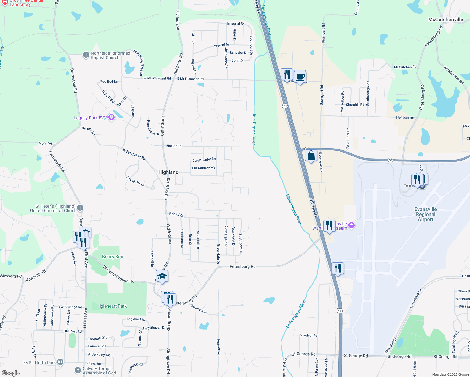 map of restaurants, bars, coffee shops, grocery stores, and more near 7401 Miranda Dr in Evansville