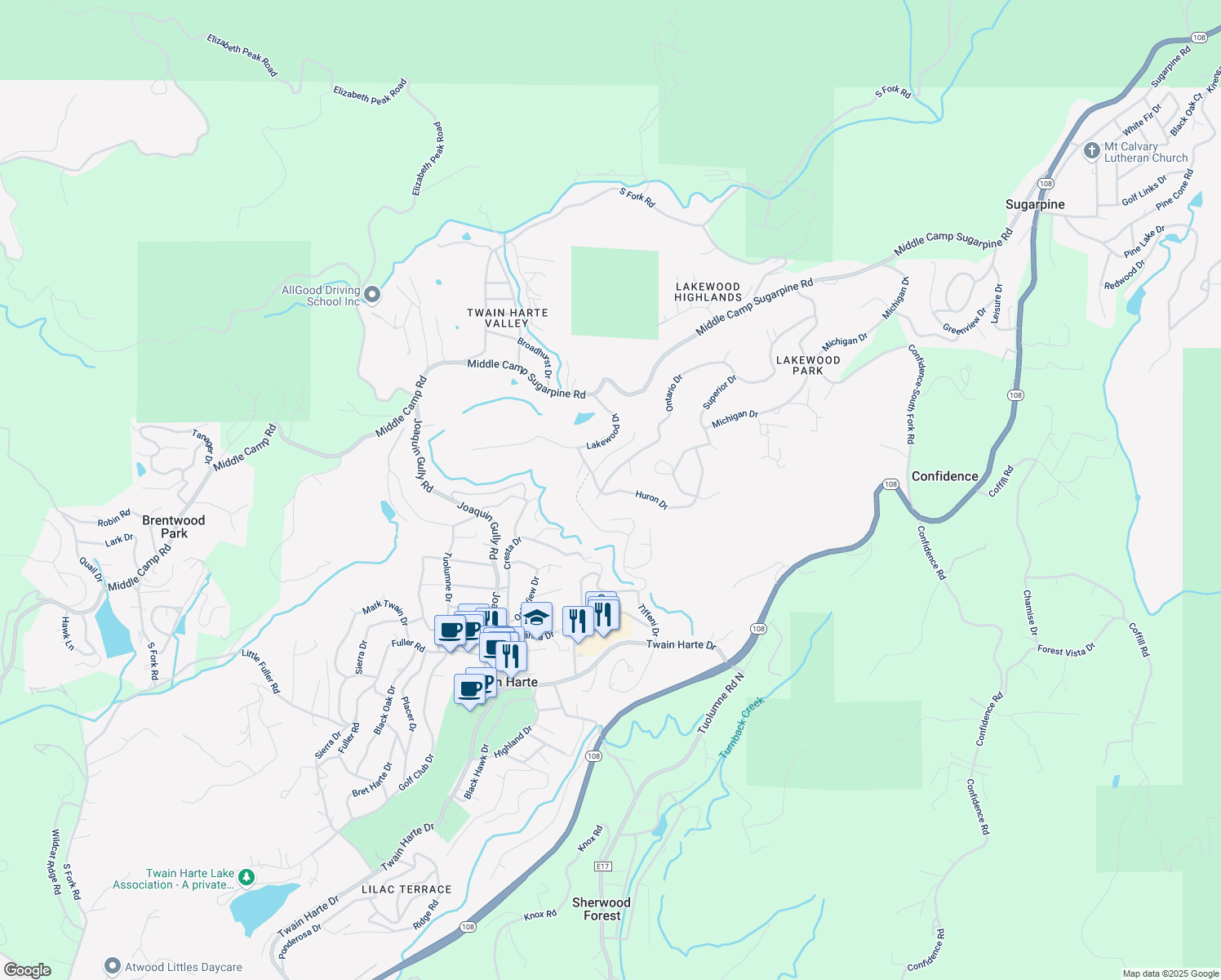 map of restaurants, bars, coffee shops, grocery stores, and more near 18953 Huron Drive in Twain Harte