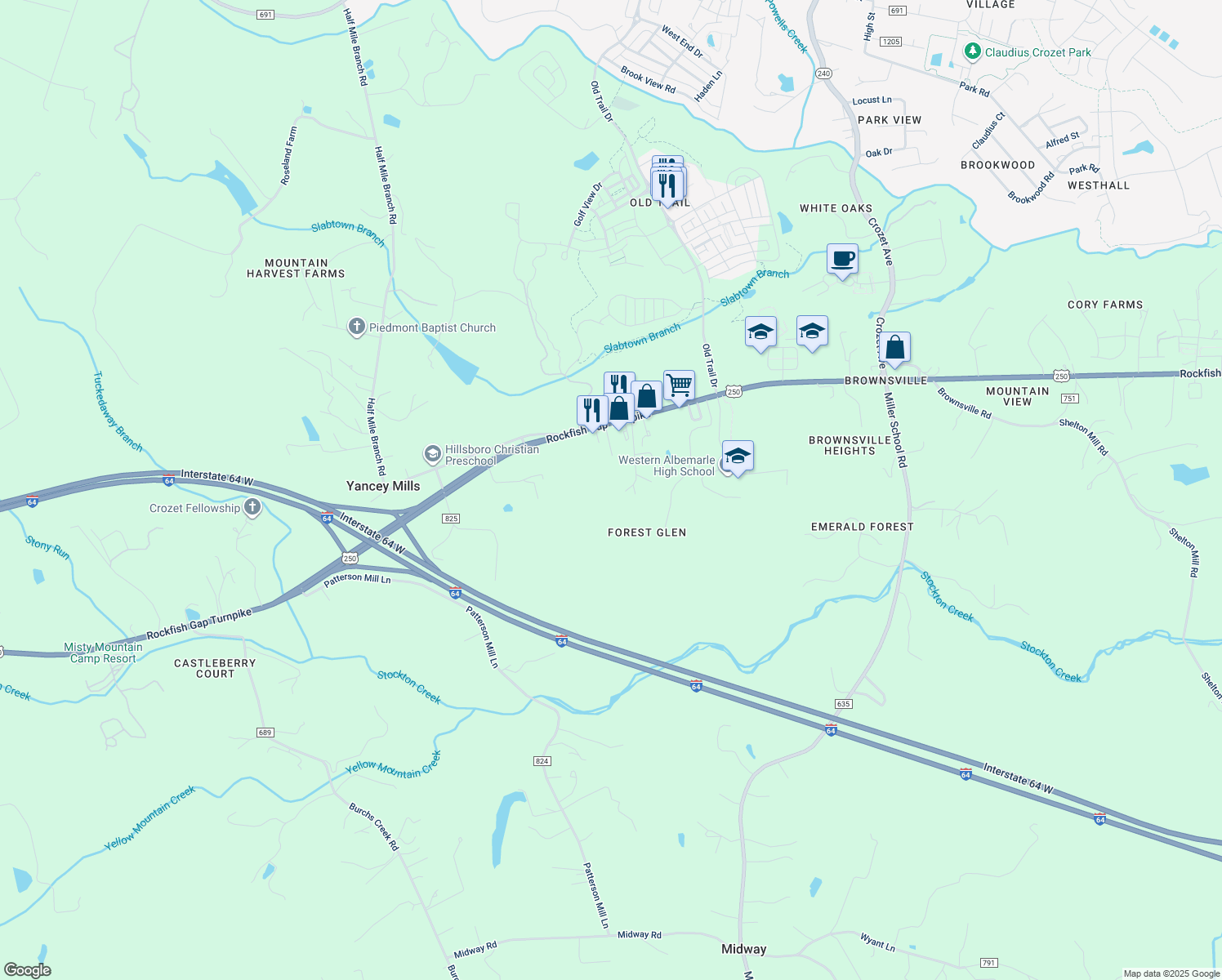 map of restaurants, bars, coffee shops, grocery stores, and more near 6133 Rockfish Gap Turnpike in Crozet