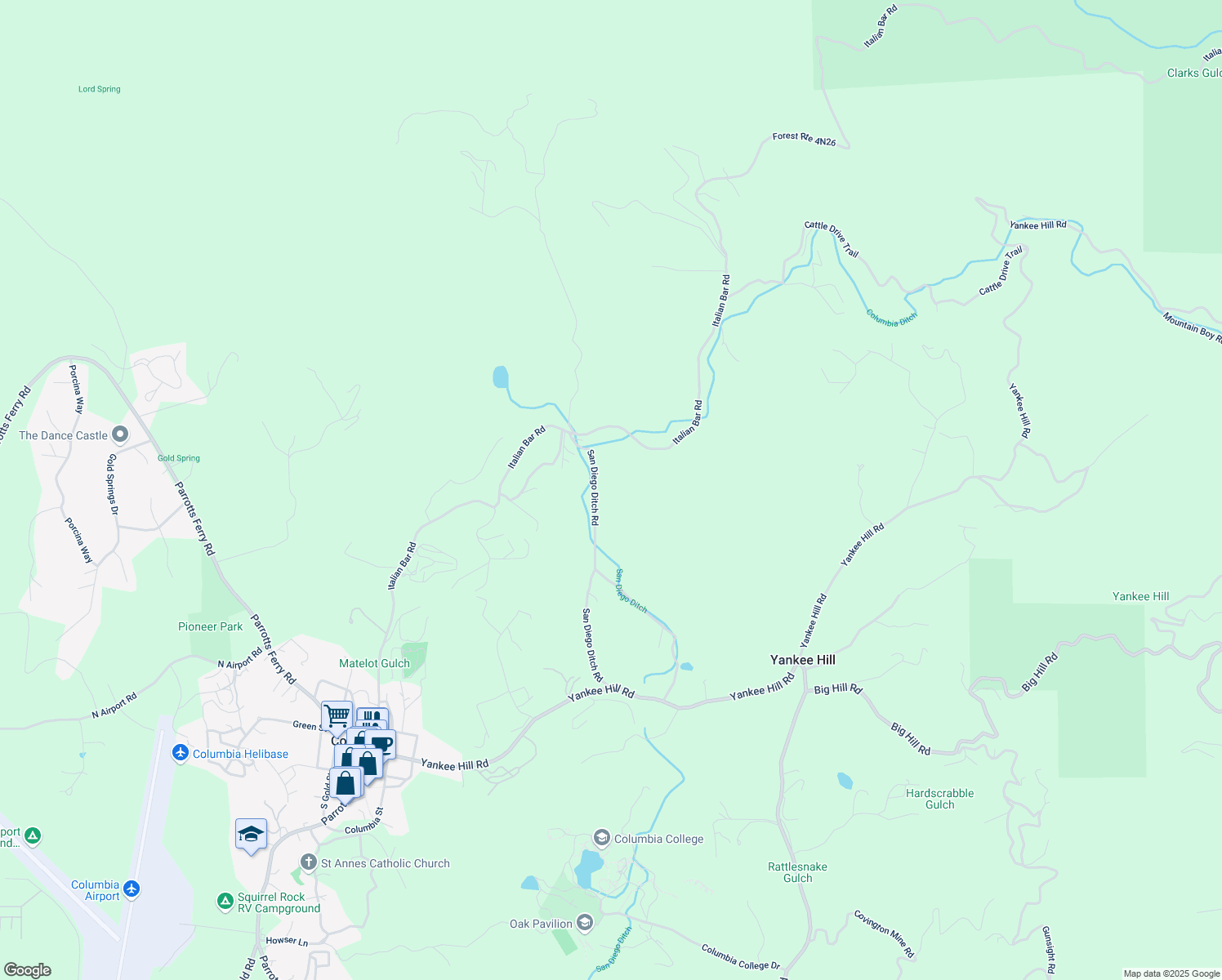 map of restaurants, bars, coffee shops, grocery stores, and more near 23489 San Diego Ditch Rd in Columbia