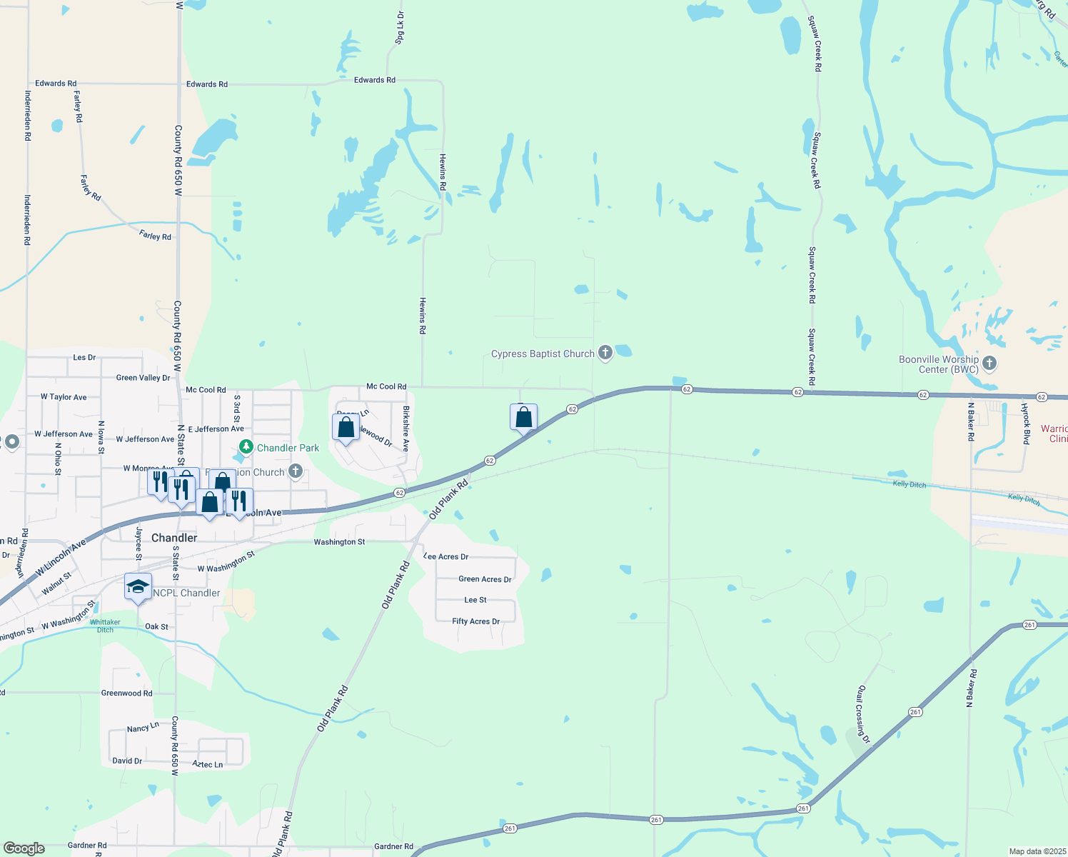 map of restaurants, bars, coffee shops, grocery stores, and more near 5466 Indiana 62 in Boonville