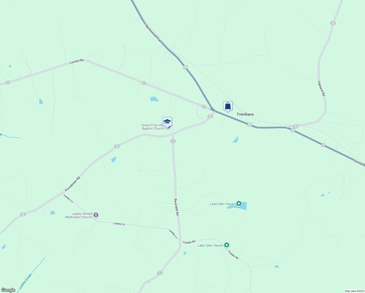 map of restaurants, bars, coffee shops, grocery stores, and more near 6442 Byrd Mill Rd in Louisa