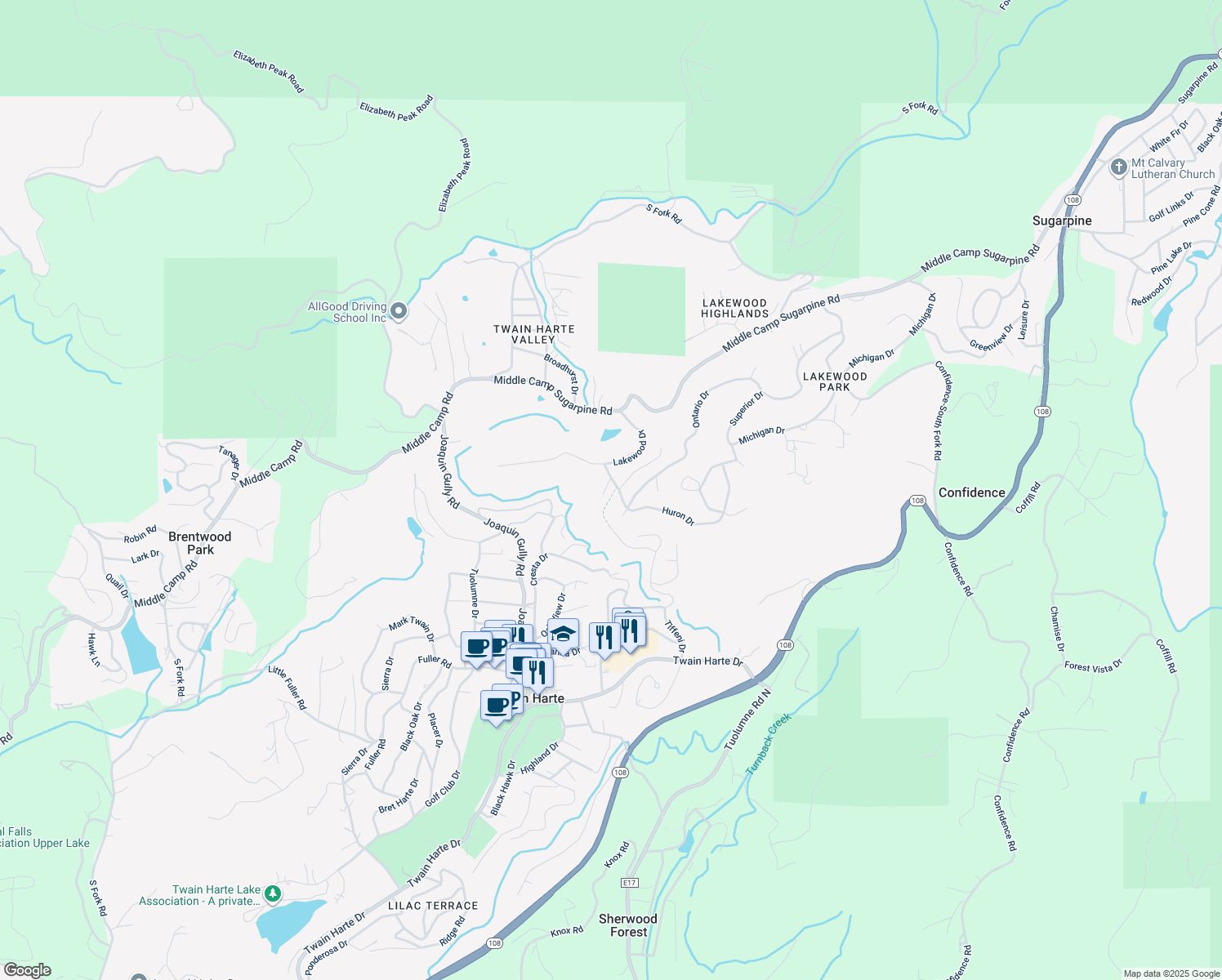 map of restaurants, bars, coffee shops, grocery stores, and more near 18910 Huron Drive in Twain Harte
