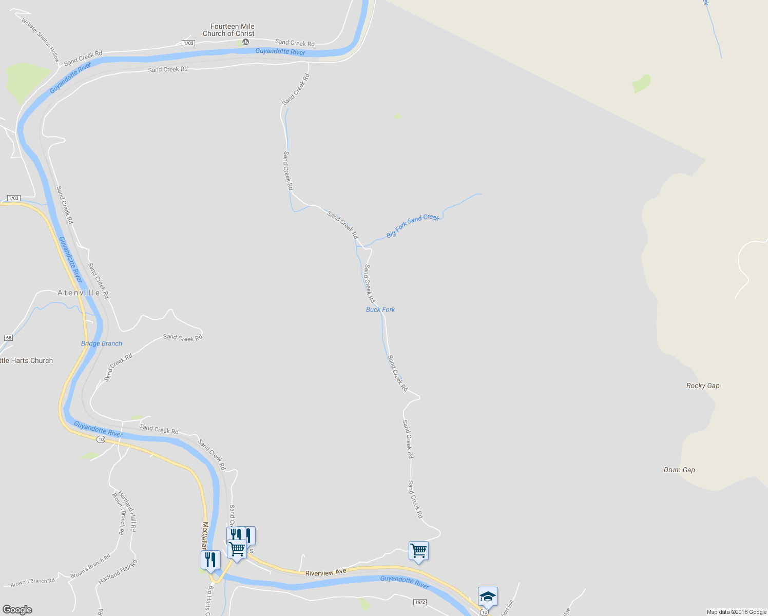 map of restaurants, bars, coffee shops, grocery stores, and more near 348 Sand Creek Road in Harts