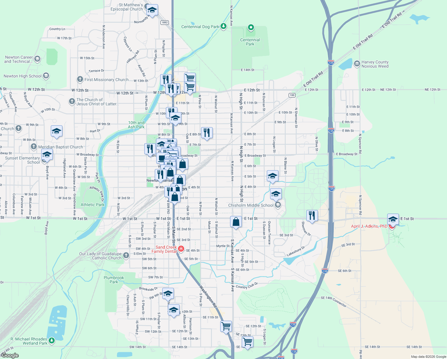 map of restaurants, bars, coffee shops, grocery stores, and more near 417 E 5th St in Newton