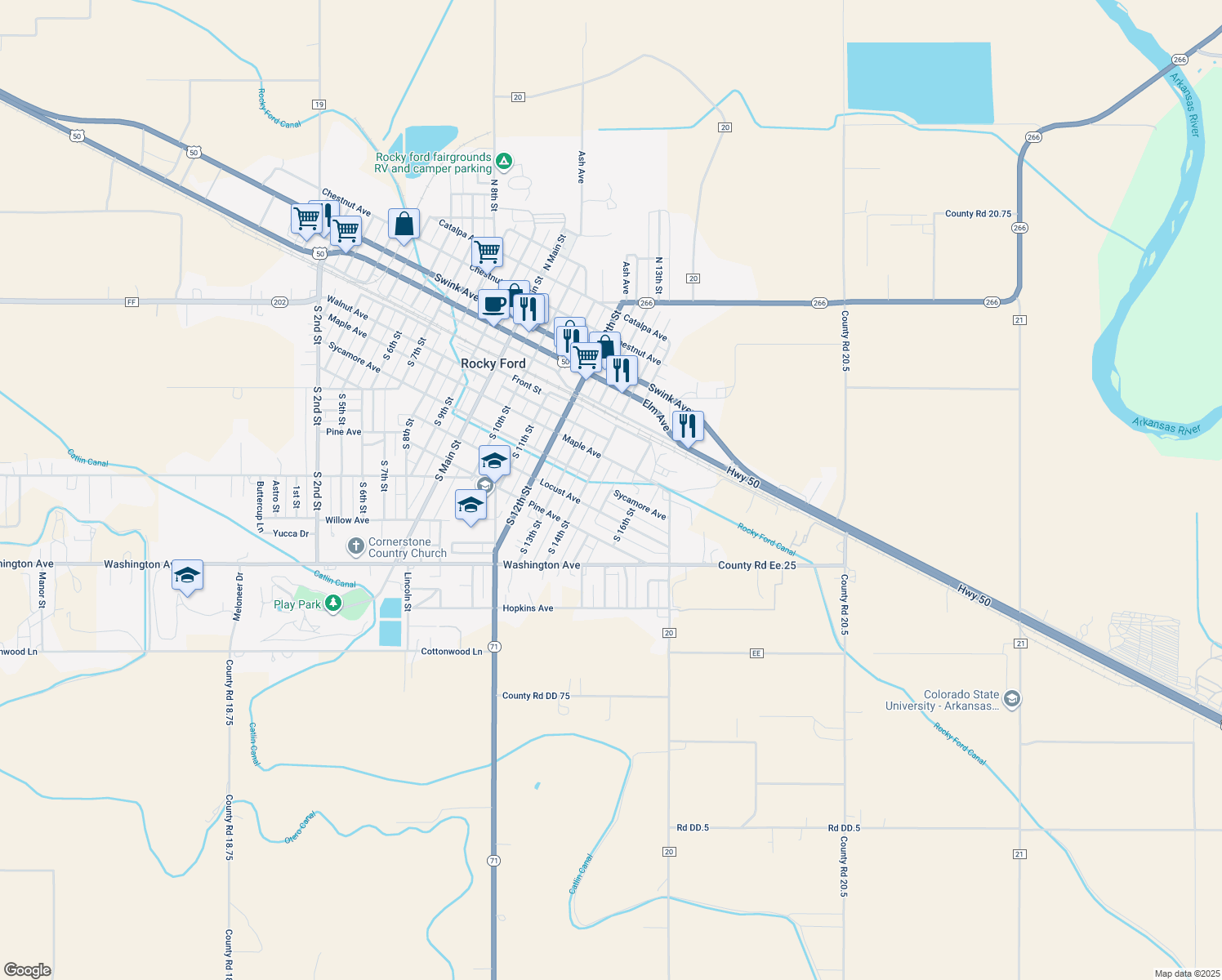 map of restaurants, bars, coffee shops, grocery stores, and more near 501 S 16th St in Rocky Ford