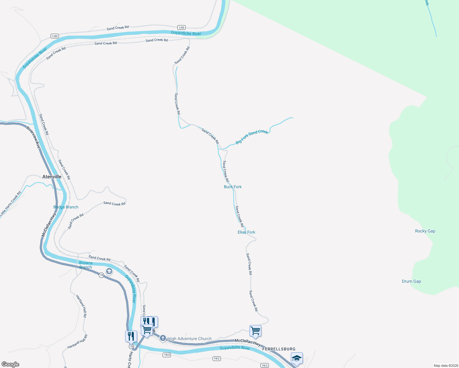 map of restaurants, bars, coffee shops, grocery stores, and more near 348 Sand Creek Road in Harts