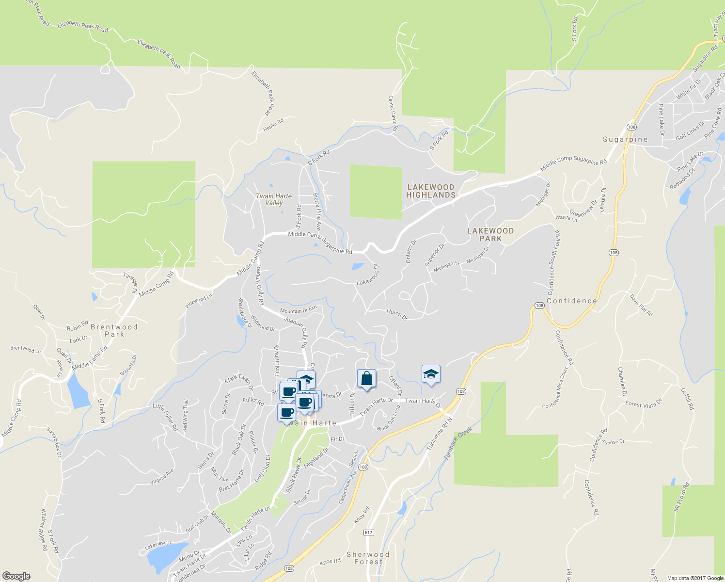 map of restaurants, bars, coffee shops, grocery stores, and more near 18910 Huron Drive in Twain Harte