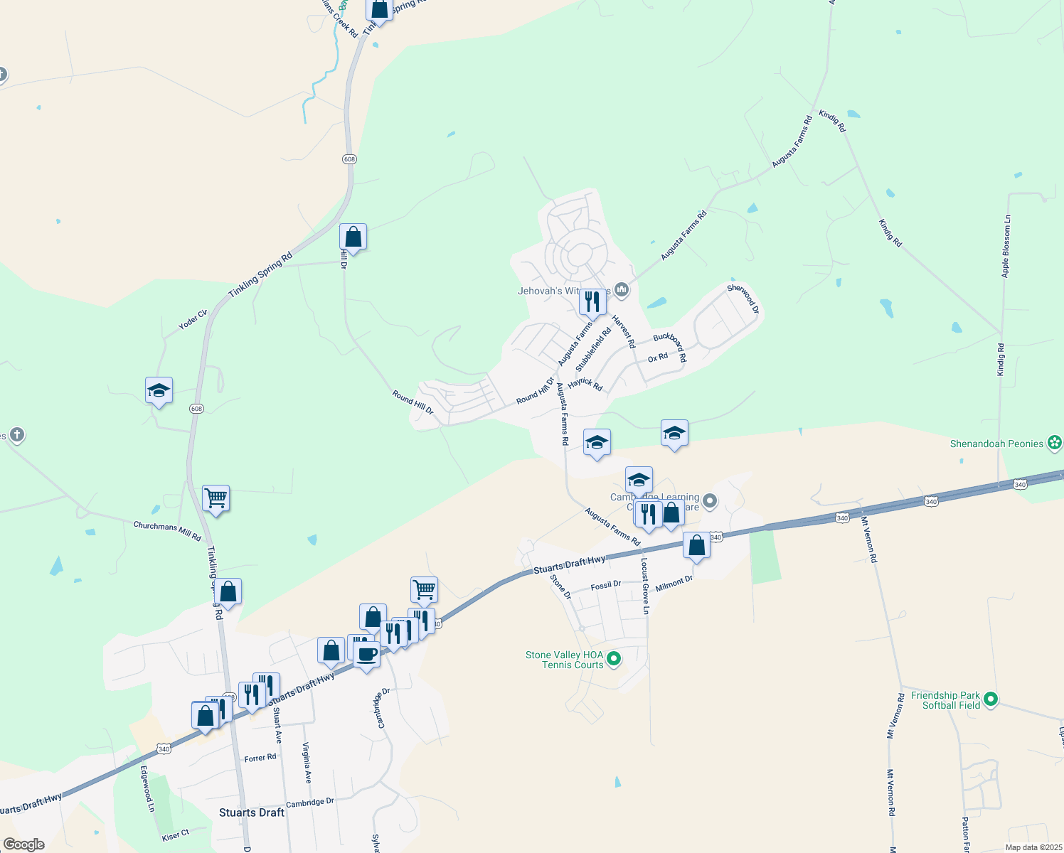 map of restaurants, bars, coffee shops, grocery stores, and more near 46 Augusta Court in Waynesboro