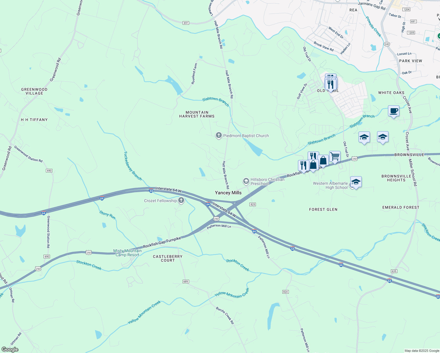 map of restaurants, bars, coffee shops, grocery stores, and more near 6410 Tucker Way in Crozet