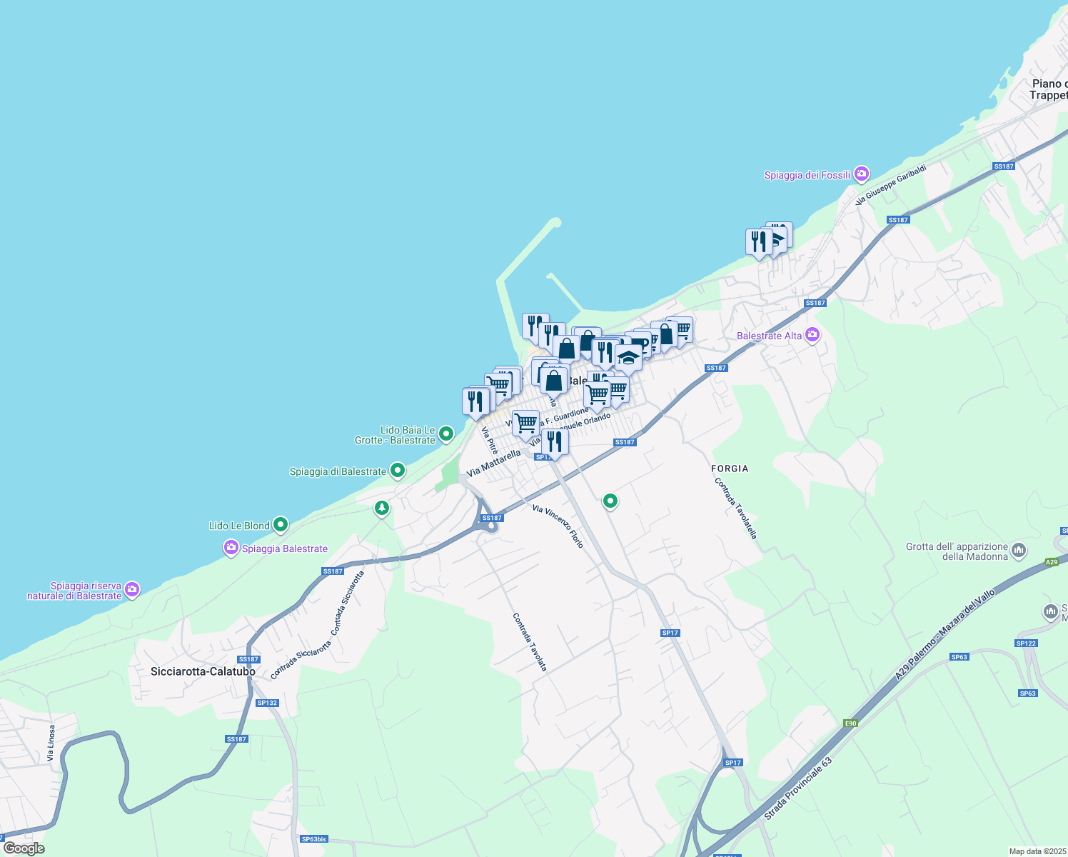 map of restaurants, bars, coffee shops, grocery stores, and more near 53 Via Luigi Capuana in Balestrate-foce