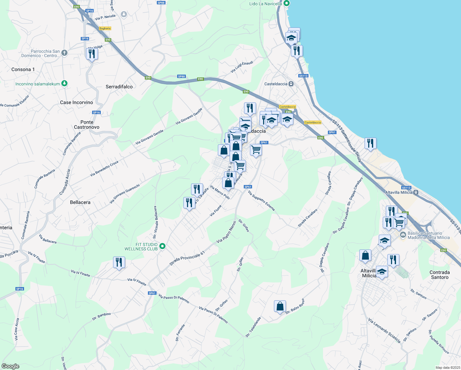 map of restaurants, bars, coffee shops, grocery stores, and more near 6 Via Riesi in Casteldaccia