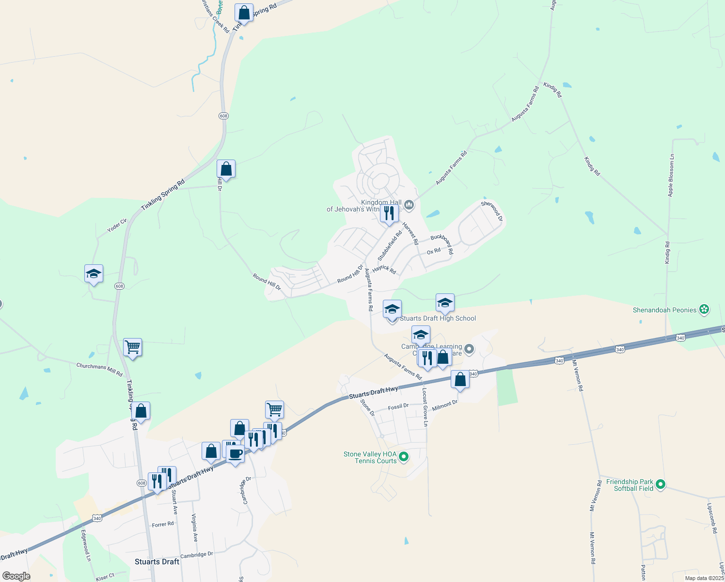 map of restaurants, bars, coffee shops, grocery stores, and more near 22 Augusta Court in Waynesboro